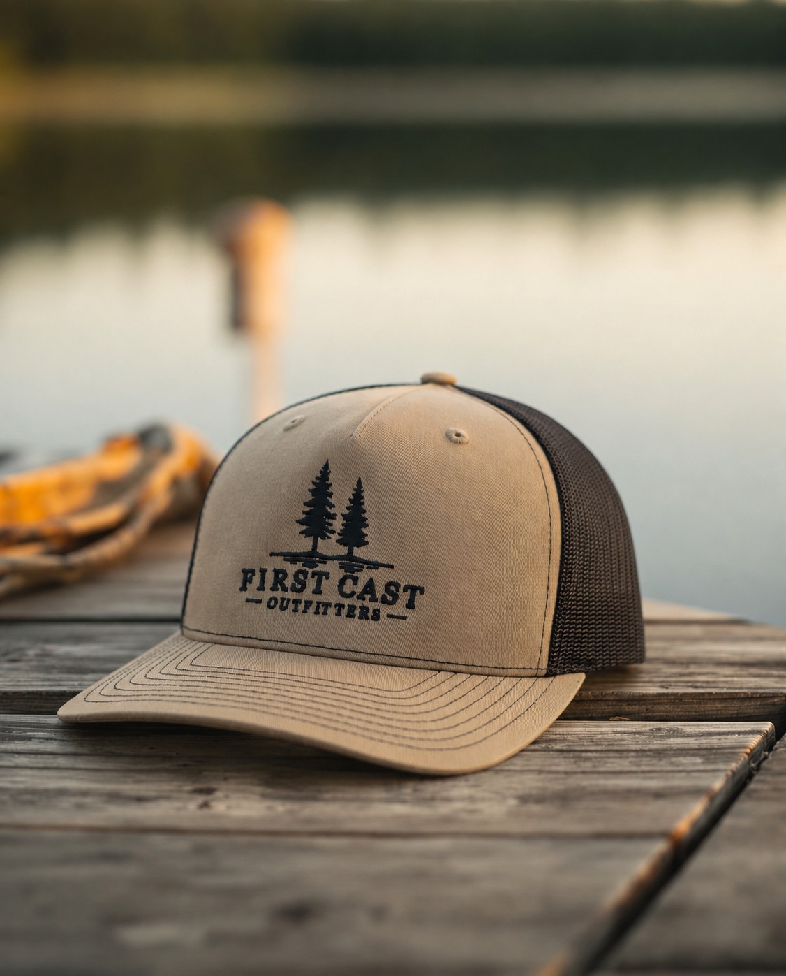 A cream and pine trucker cap with an embroidered tree logo resting on a lakeside dock