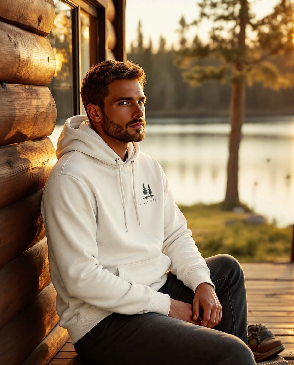 A man in a heavy fleece hoodie sitting on a cabin porch overlooking a lake at sunset