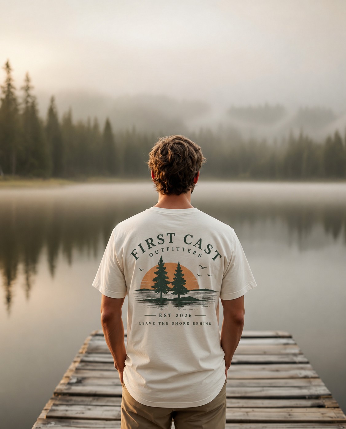 A man in a heavyweight tee standing at the end of a dock, looking out over a misty lake