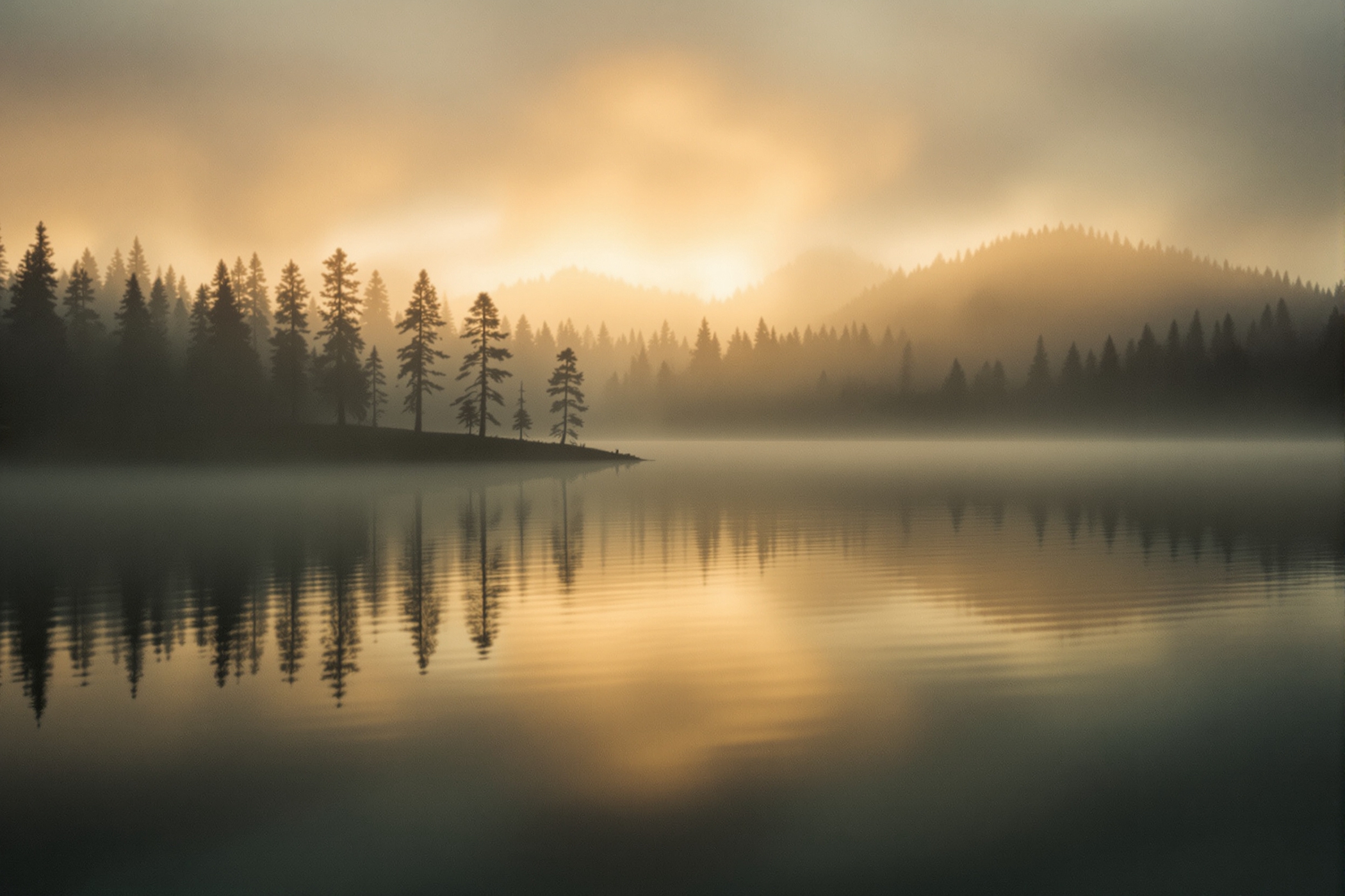Misty golden sunrise over a still lake, silhouetted pines lining a point of land
