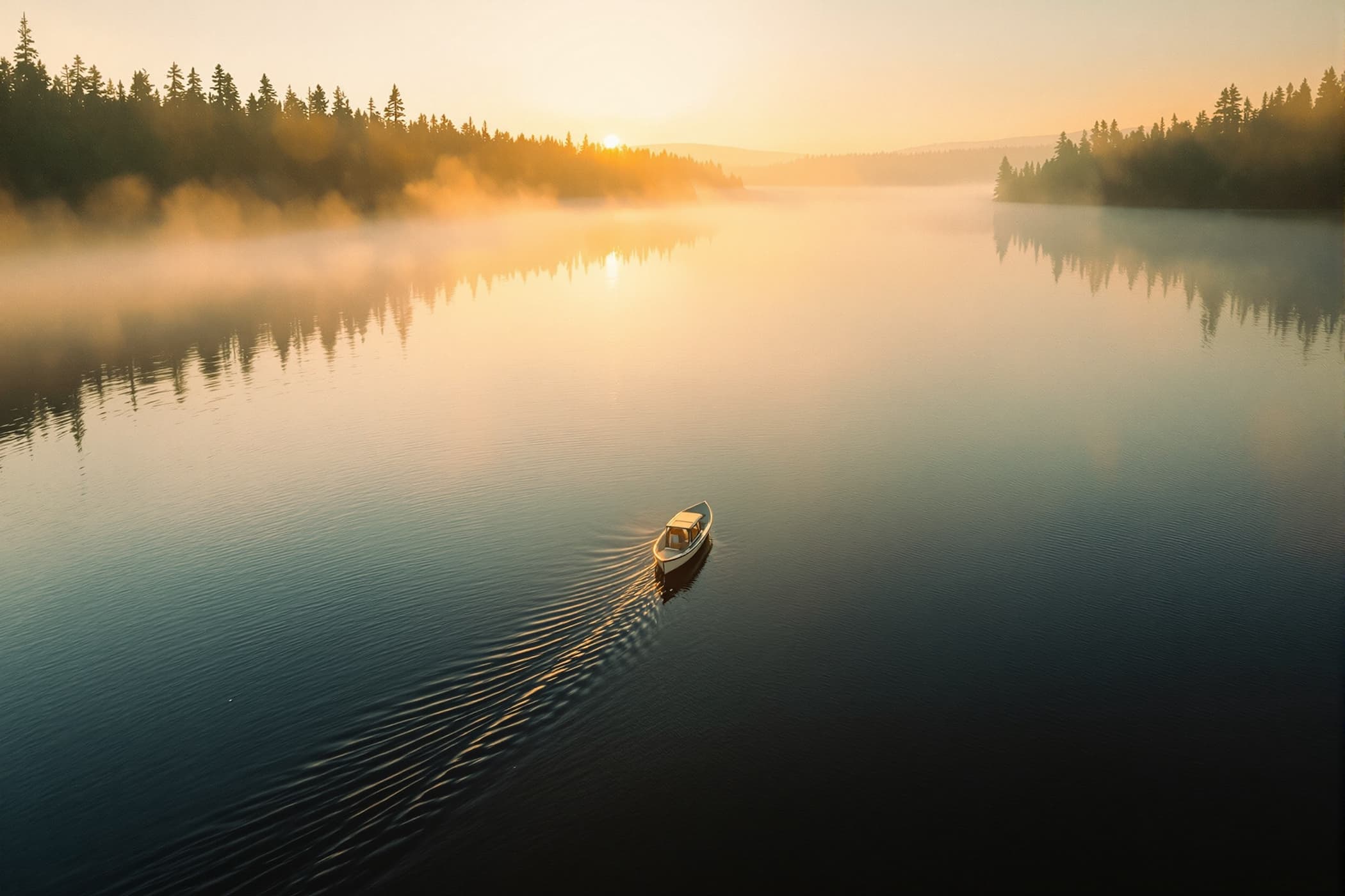 A small boat crossing a misty lake at sunrise, pine treeline reflected in still water