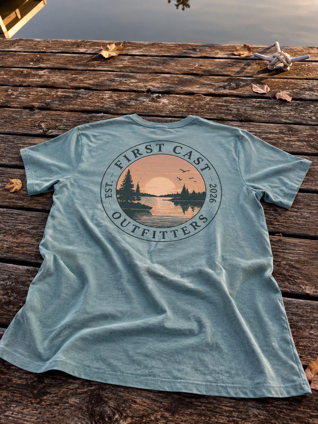 First Cast Heritage Badge Tee, Heather Blue Lagoon