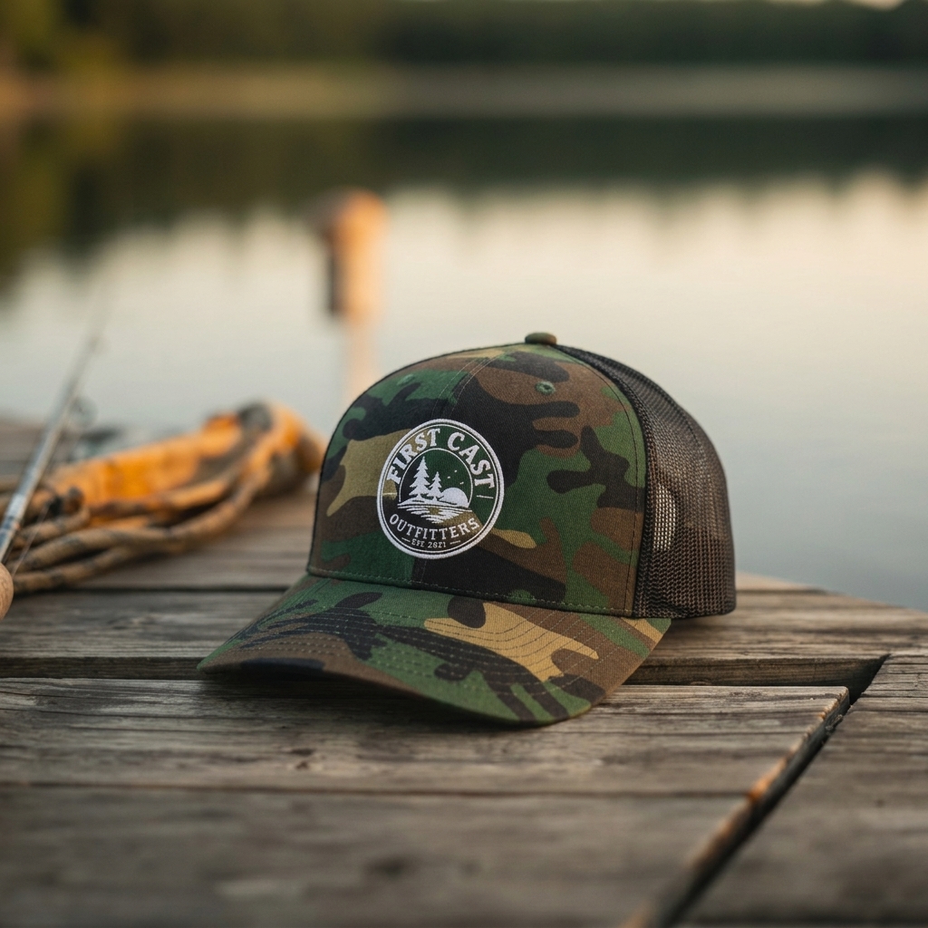 Outfitter Camo Trucker Hat, Green Camo/ Black