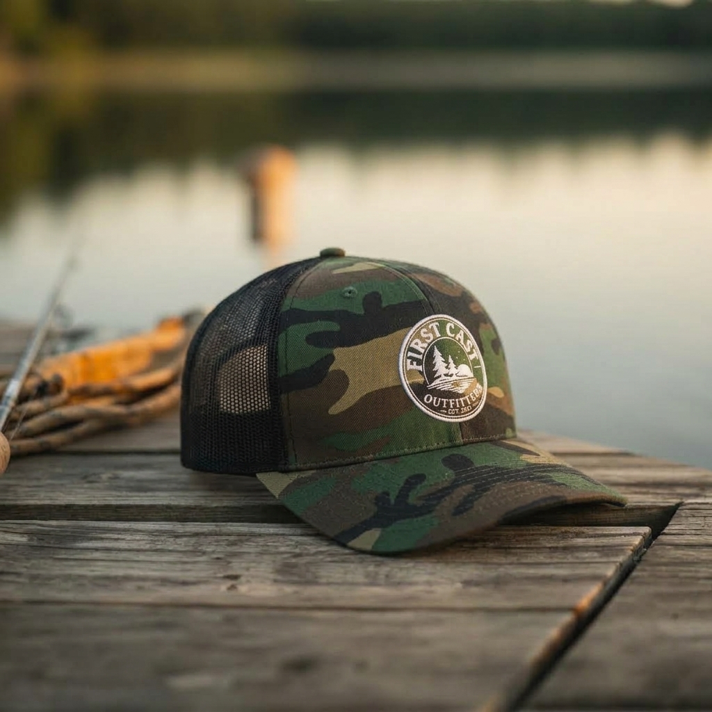 Outfitter Camo Trucker Hat, Green Camo/ Black, detail