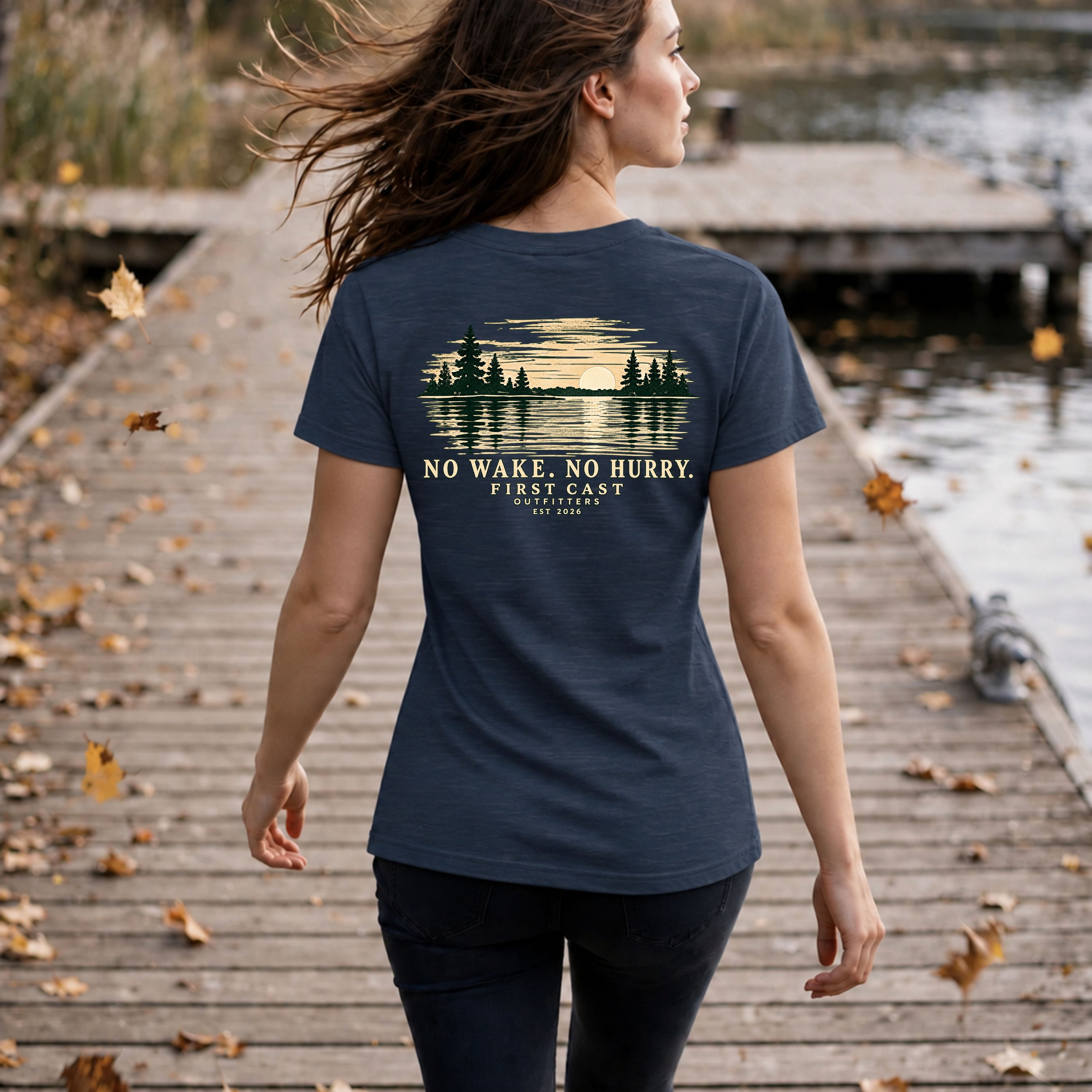 Women’s No Wake No Hurry V-Neck Tee, Heather Navy