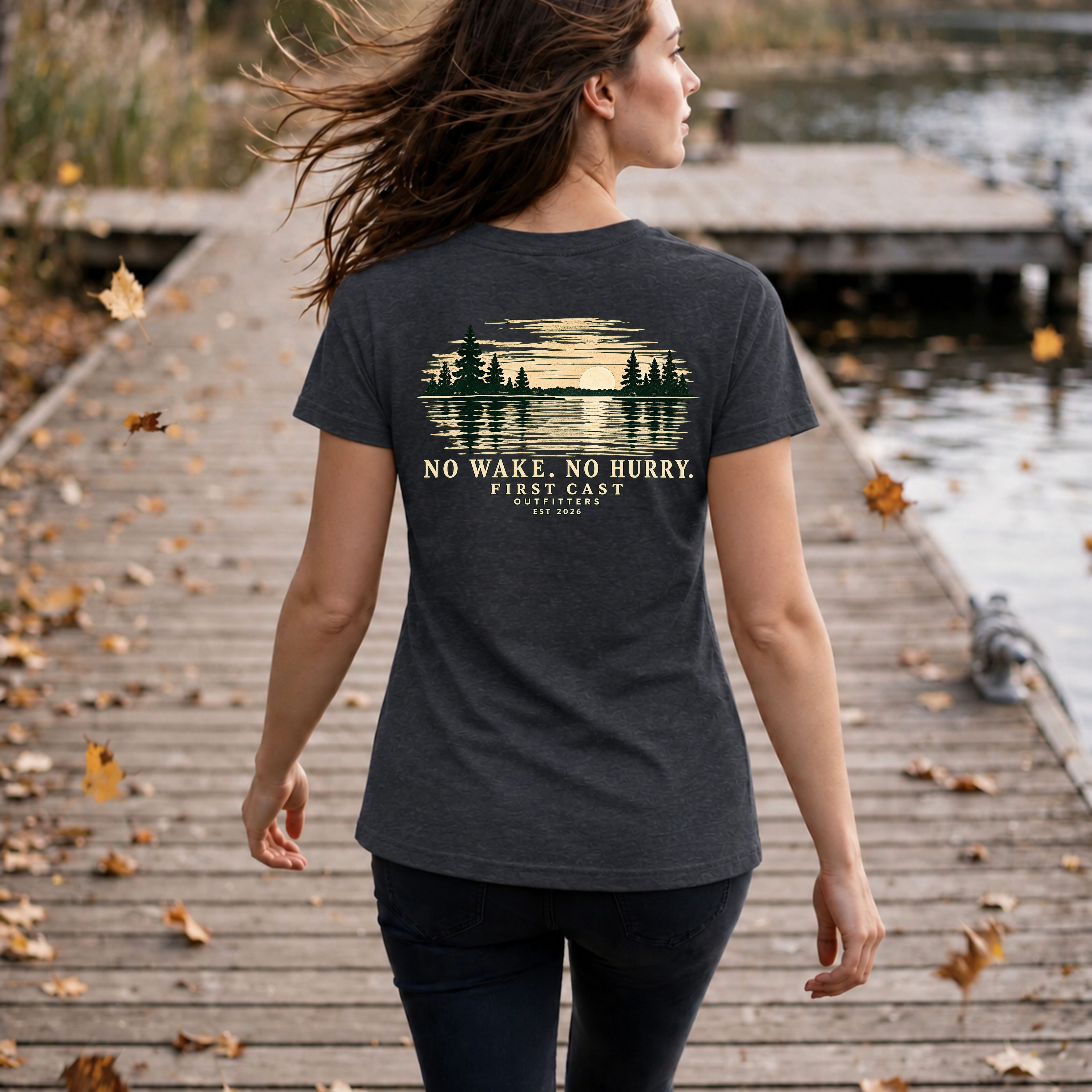 Women’s No Wake No Hurry V-Neck Tee, Dark Grey Heather
