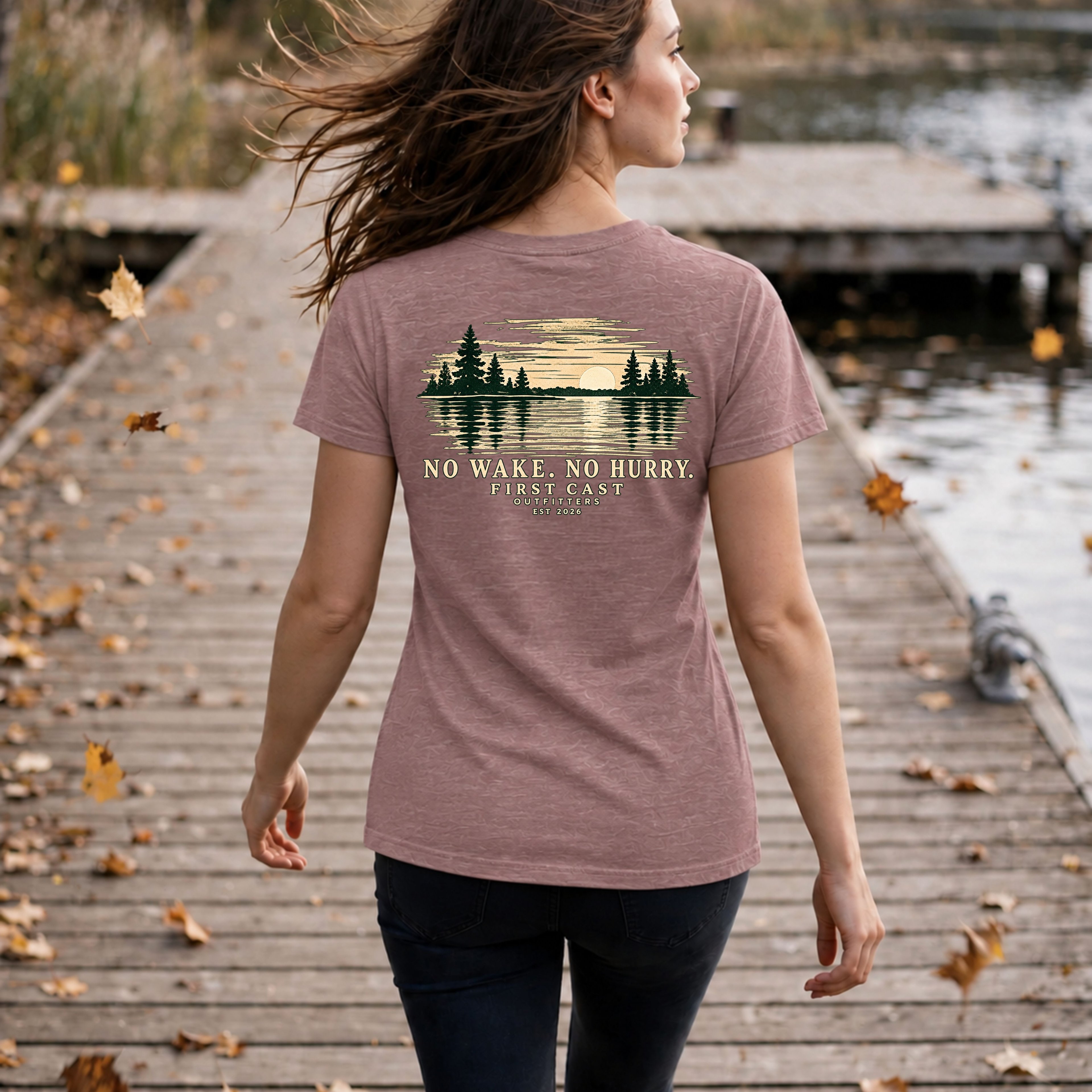 Women’s No Wake No Hurry V-Neck Tee, Heather Mauve