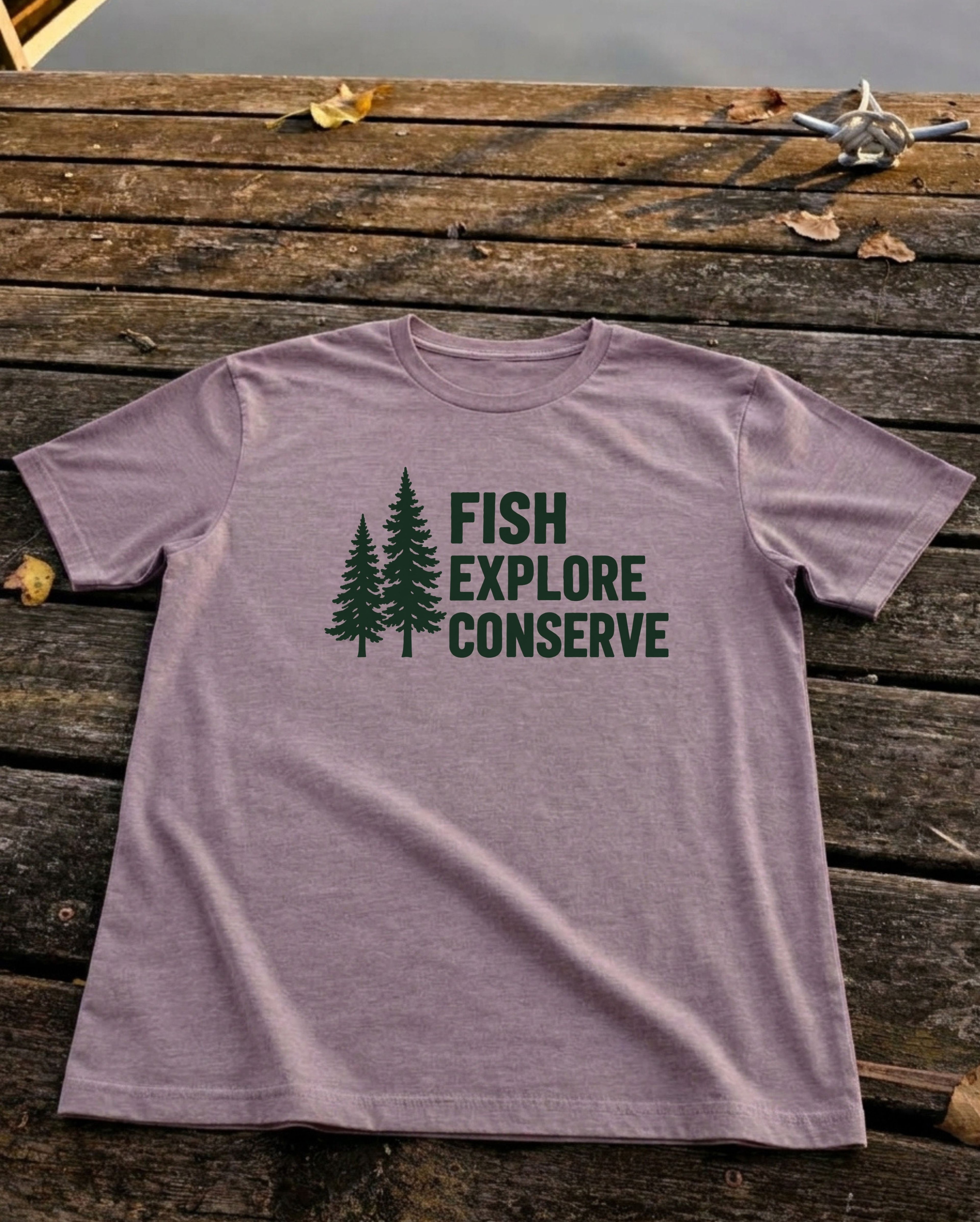 Fish. Explore. Conserve. Tee., Heather Purple