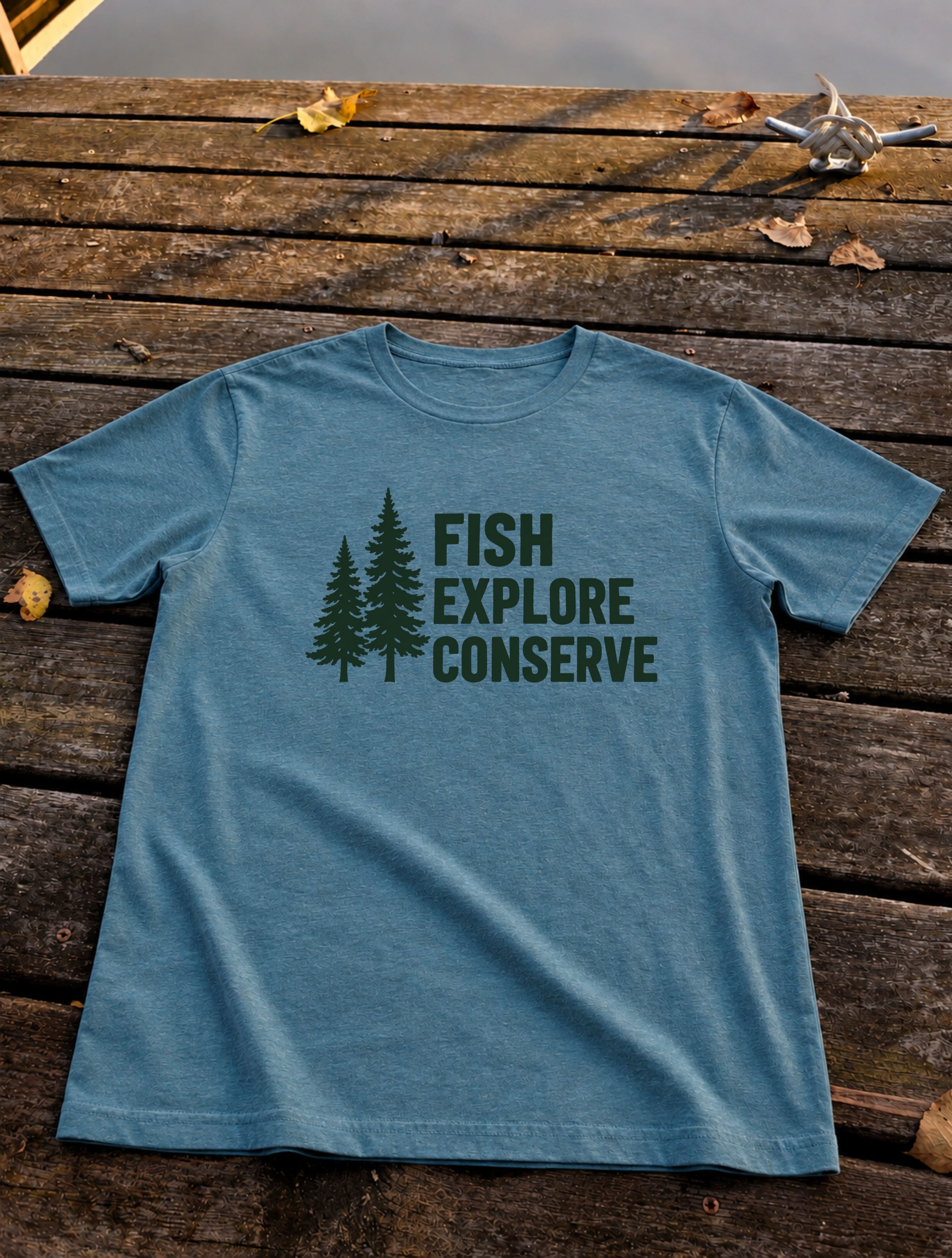 Fish. Explore. Conserve. Tee., Heather Deep Teal