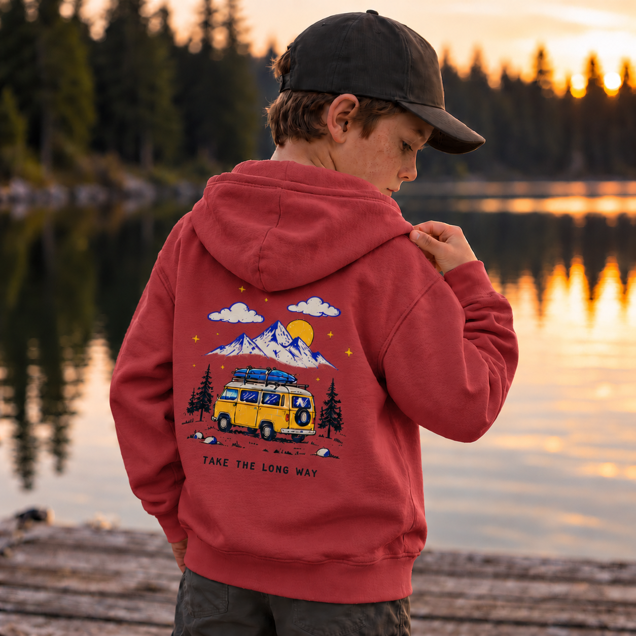 Adventure Van Hoodie | Youth, Crimson