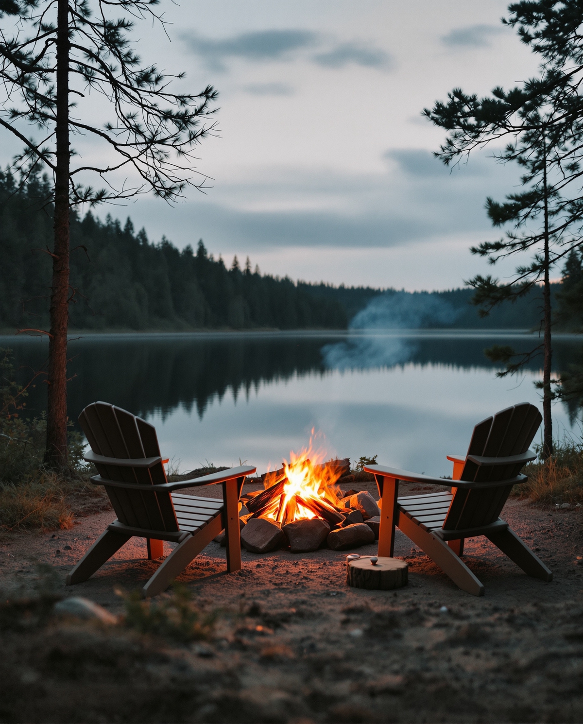 Two Adirondack chairs facing a campfire at dusk on the shore of a still lake