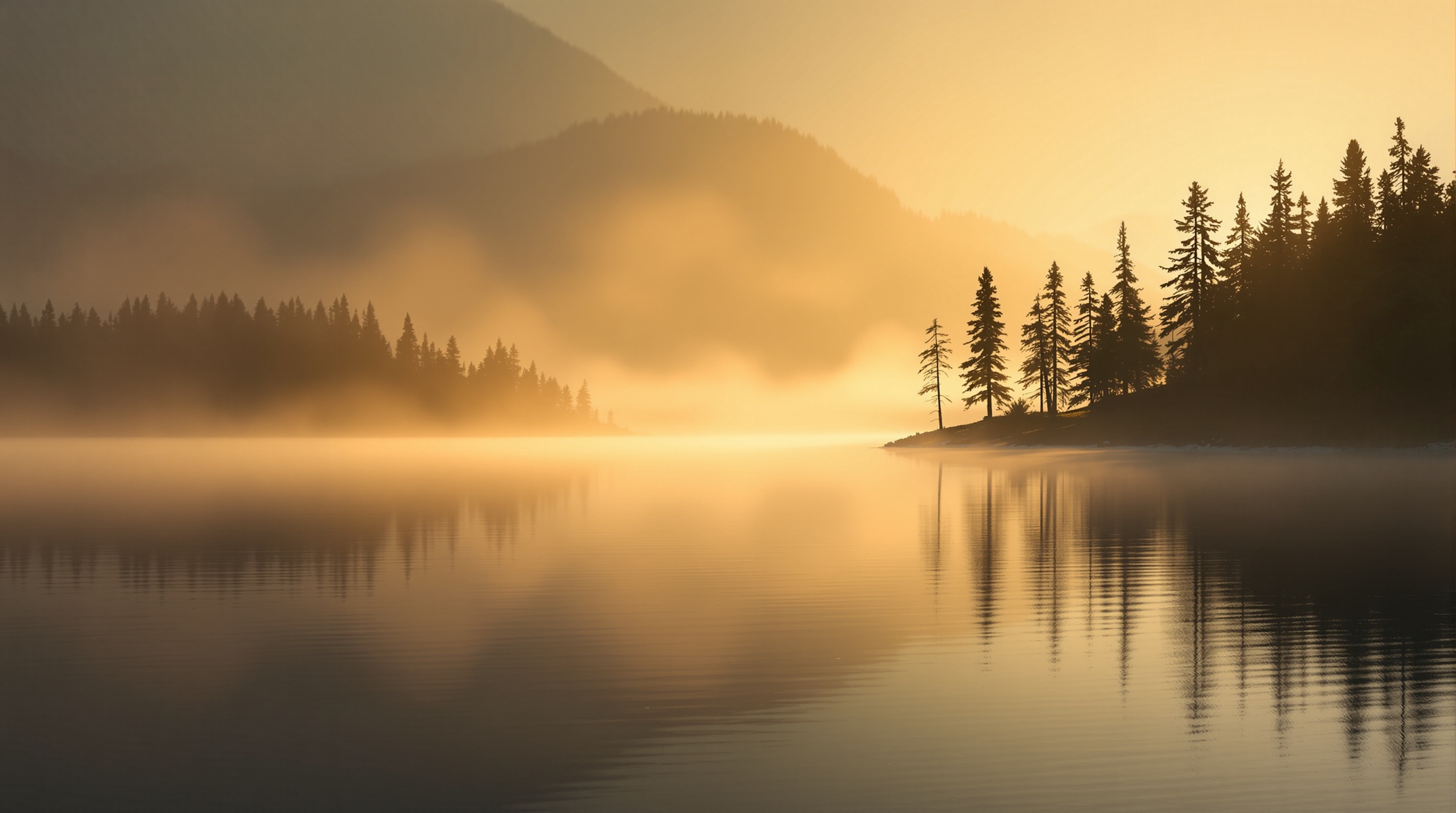 Golden sunrise light over a misty lake framed by pine-covered mountains