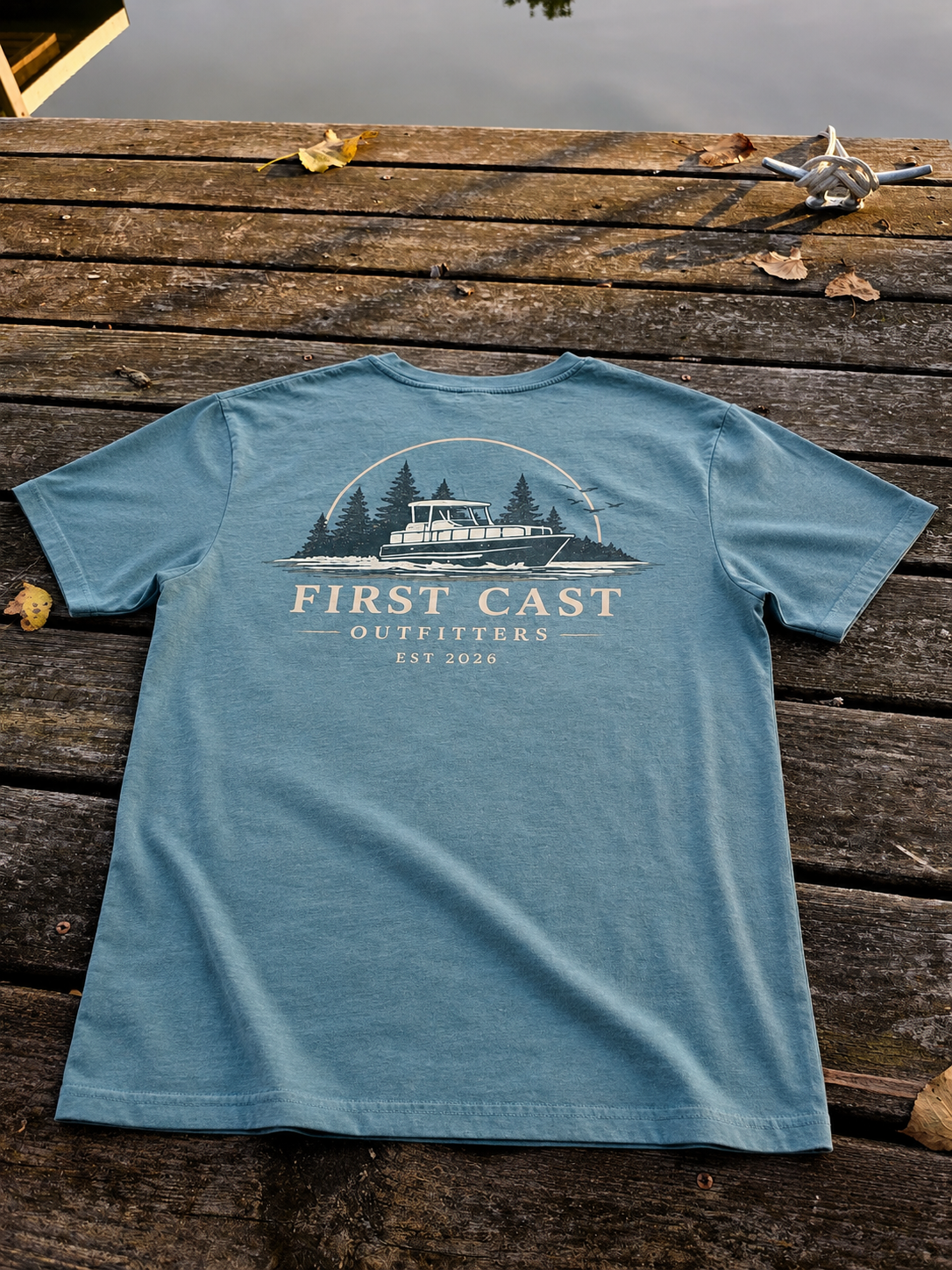 First Cast Open Water Tee in Sage, back print — First Cast Outfitters boat scene with EST 2026