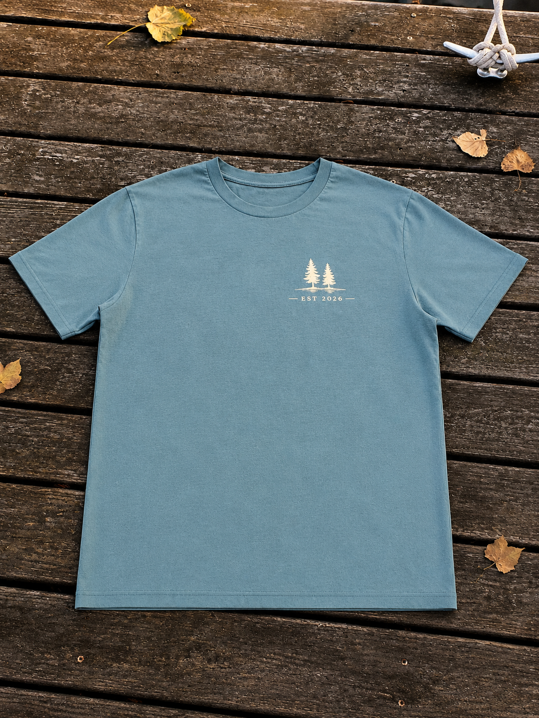 First Cast Open Water Tee in Sage, printed with the First Cast double pine mark and EST 2026 wordmark on the left chest