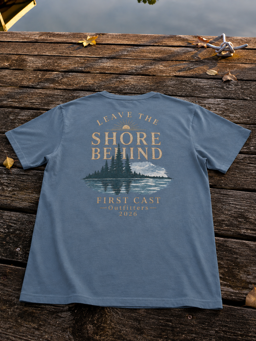 Leave the Shore Behind Tee in deep teal, back print — lake and mountain scene, First Cast Outfitters 2026