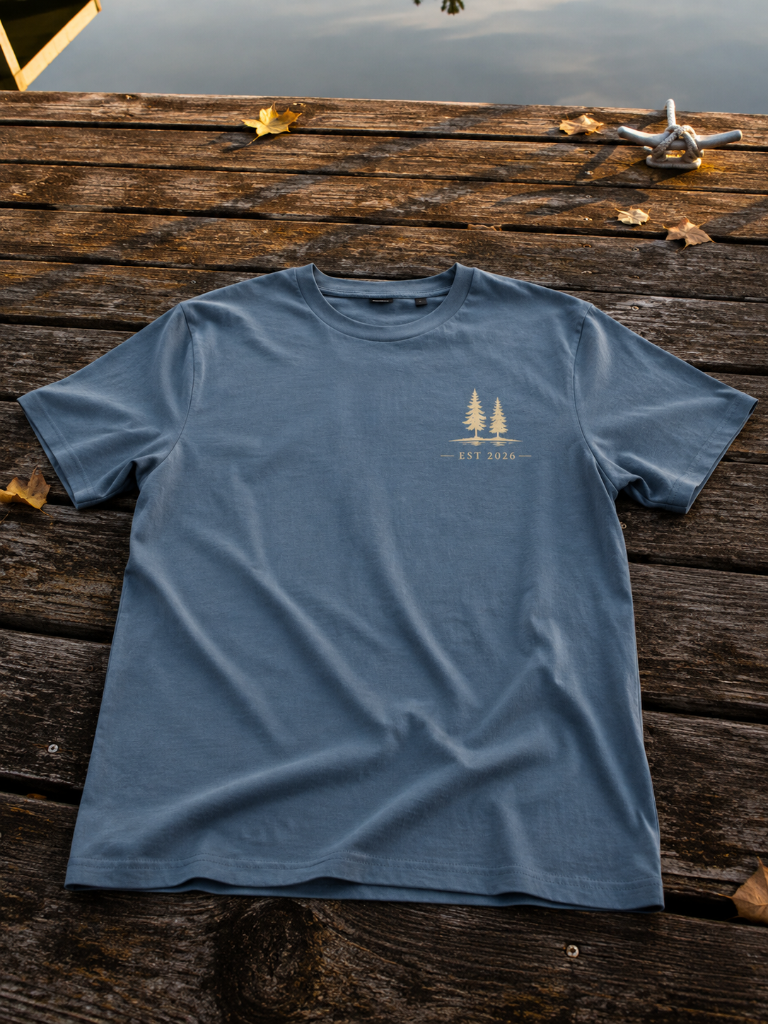 Leave the Shore Behind Tee in deep teal, printed with the First Cast double pine mark and EST 2026 wordmark on the left chest