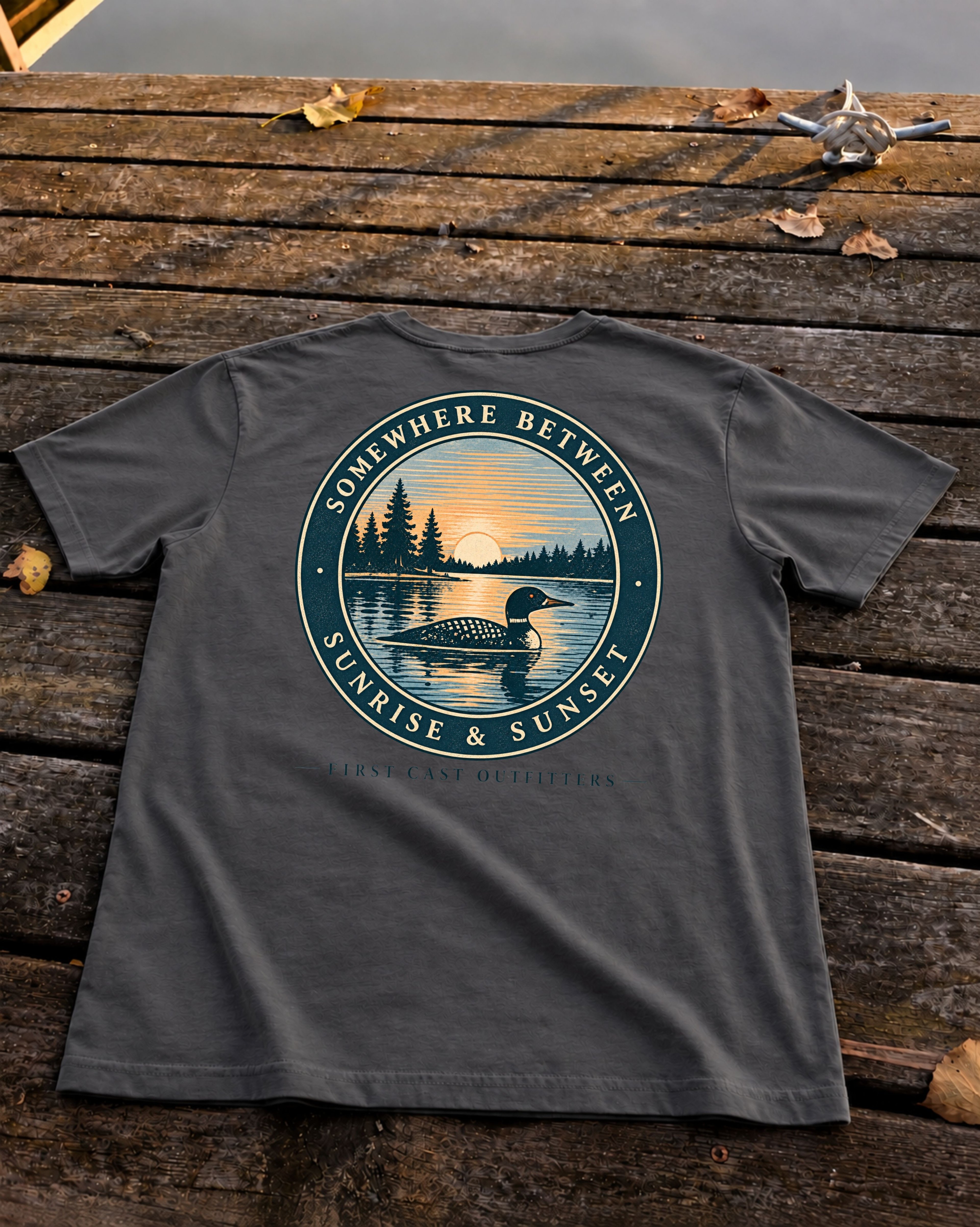 First Light Loon Tee in Anthracite, back print — Somewhere Between Sunrise & Sunset badge, First Cast Outfitters