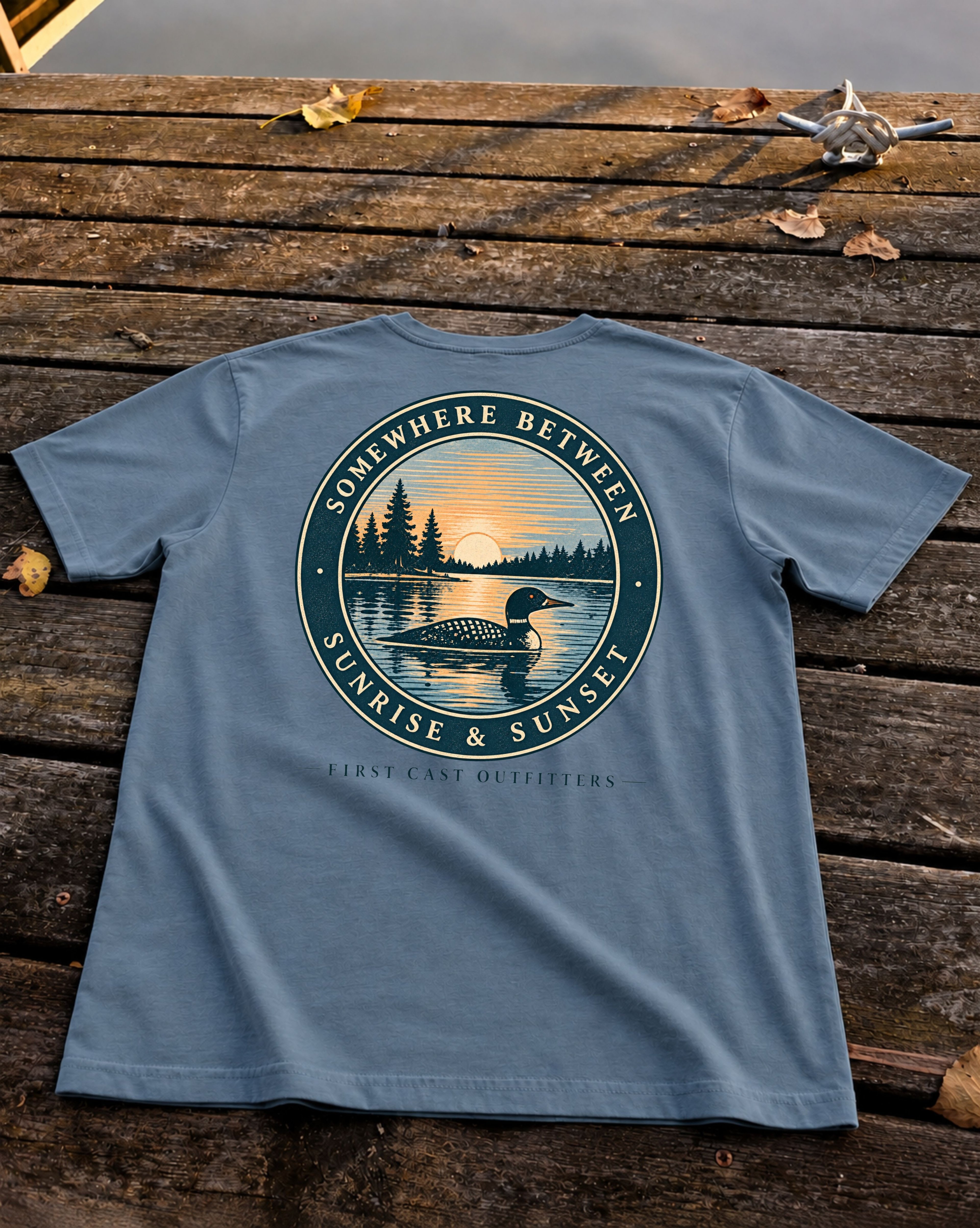 First Light Loon Tee in Deep Teal, back print — Somewhere Between Sunrise & Sunset badge, First Cast Outfitters