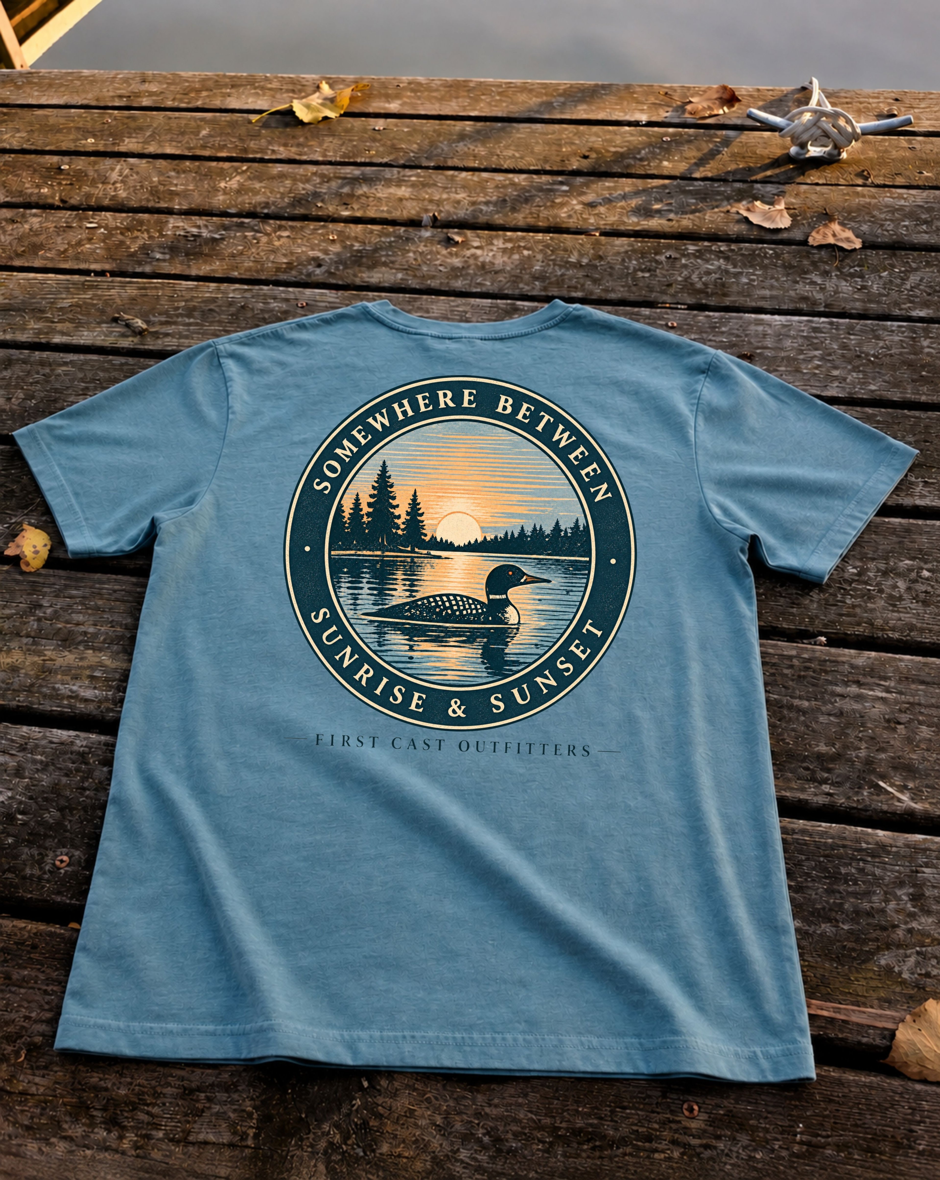 First Light Loon Tee in Green Bay, back print — Somewhere Between Sunrise & Sunset badge, First Cast Outfitters