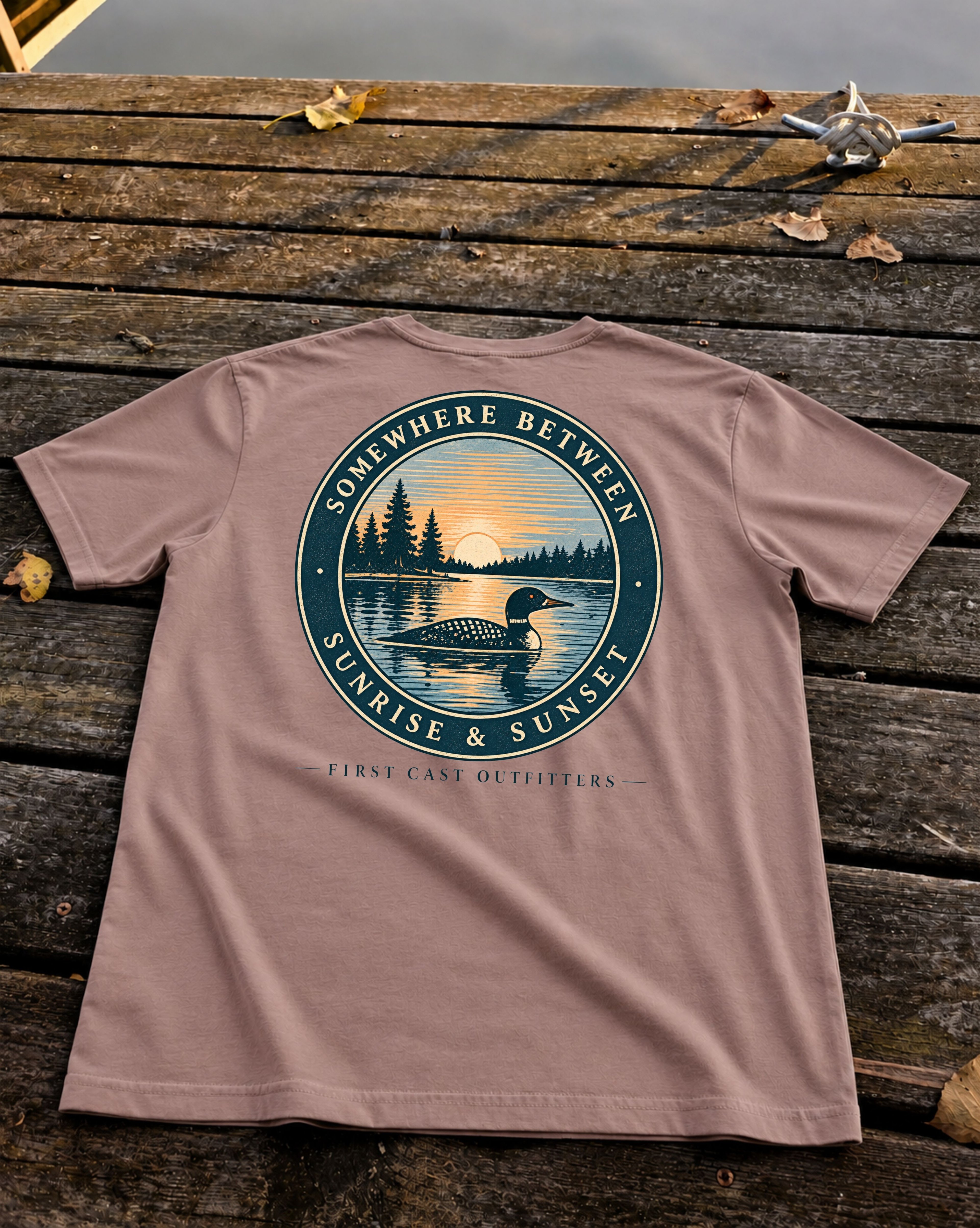 First Light Loon Tee in Kaffa Coffee, back print — Somewhere Between Sunrise & Sunset badge, First Cast Outfitters