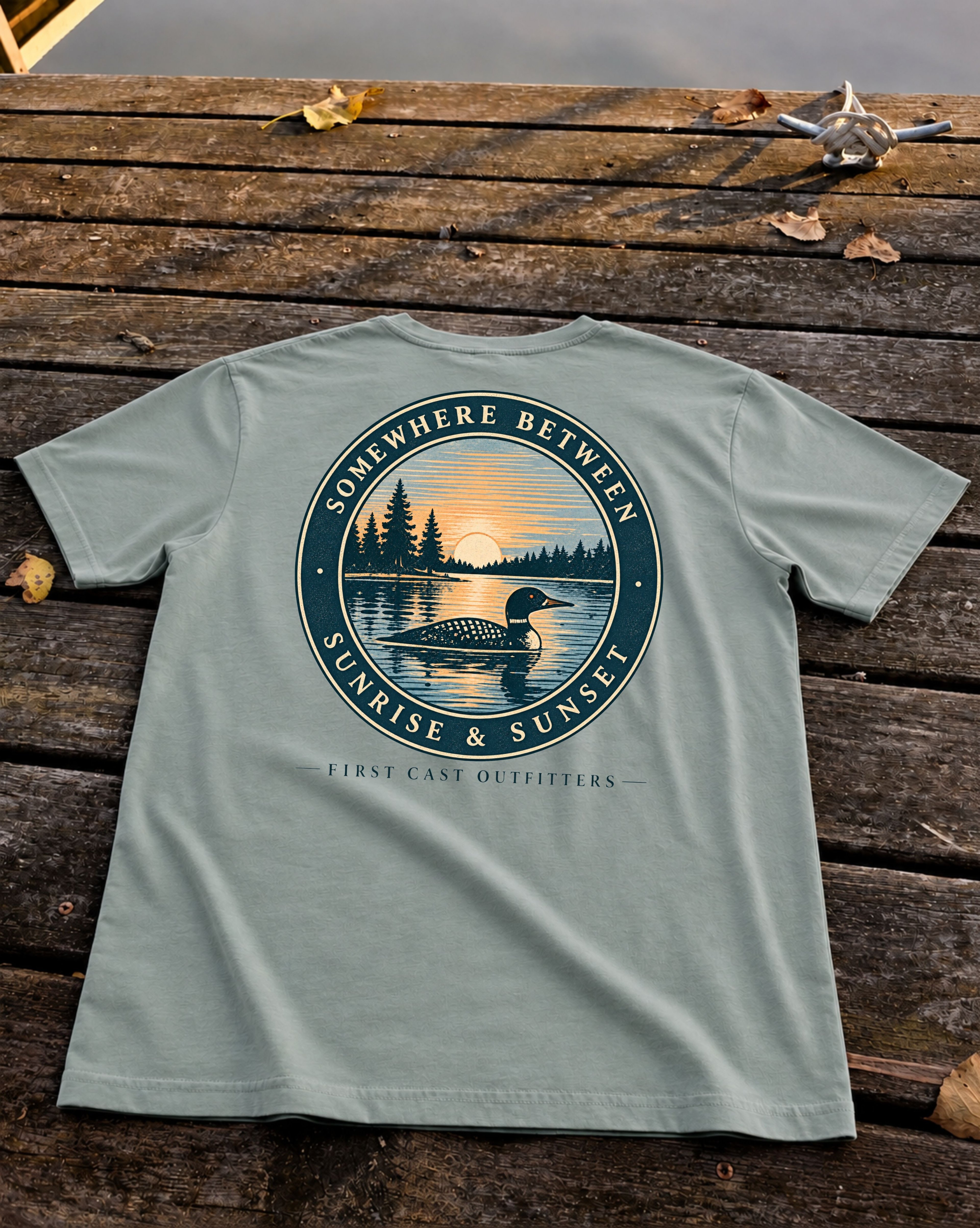 First Light Loon Tee in Misty Grey, back print — Somewhere Between Sunrise & Sunset badge, First Cast Outfitters