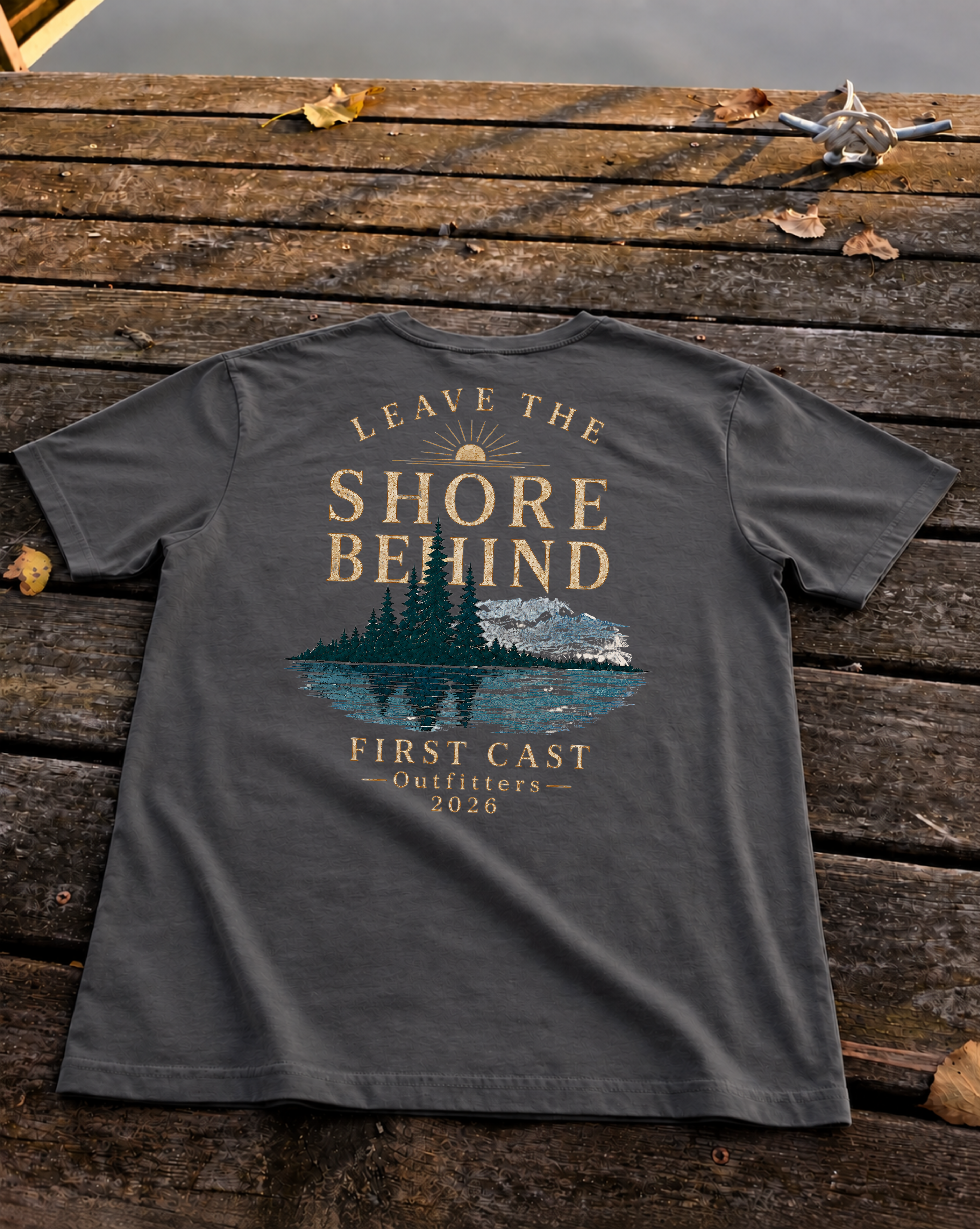 Leave the Shore Behind Tee in Anthracite, back print — lake and mountain scene, First Cast Outfitters 2026
