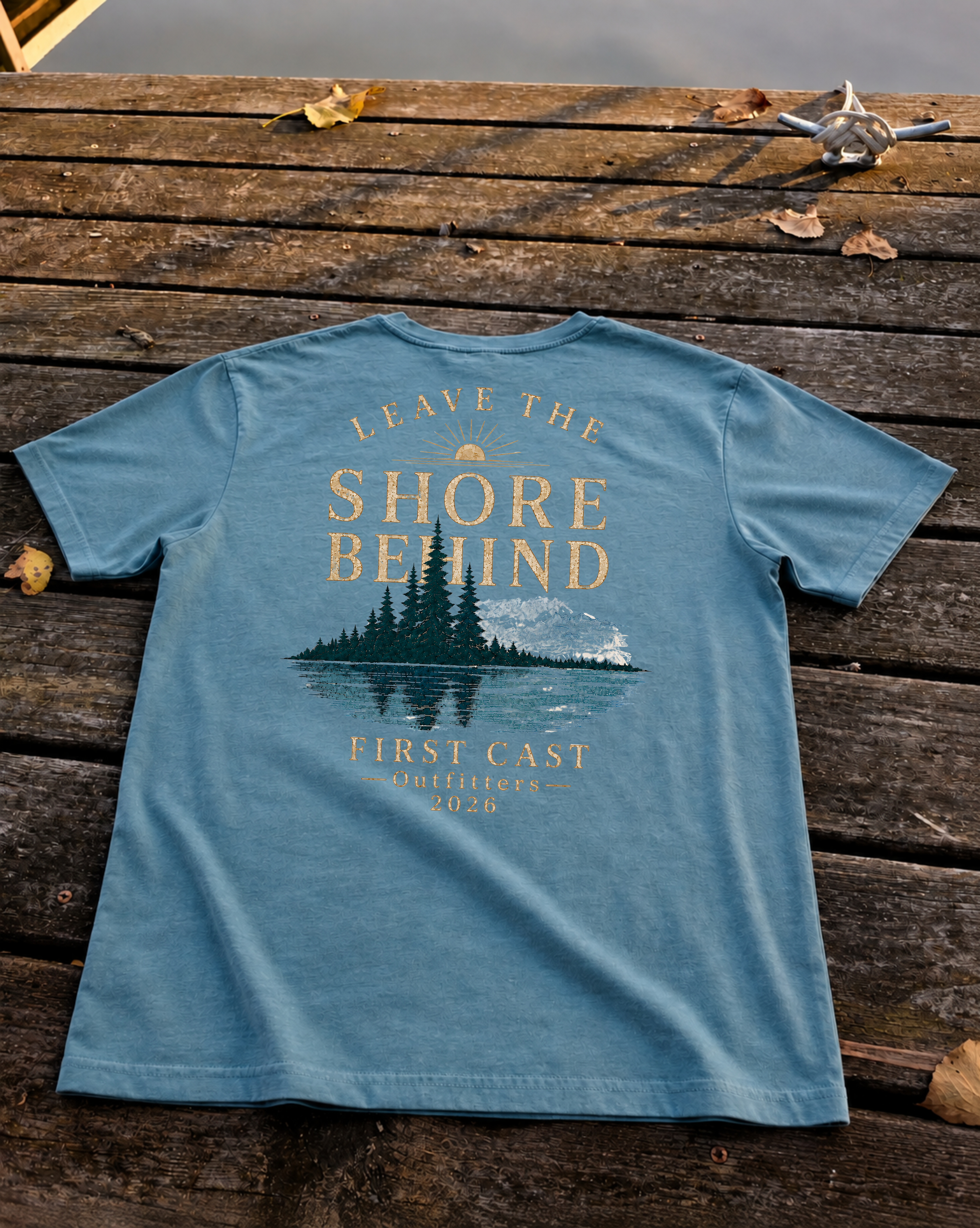 Leave the Shore Behind Tee in Green Bay, back print — lake and mountain scene, First Cast Outfitters 2026
