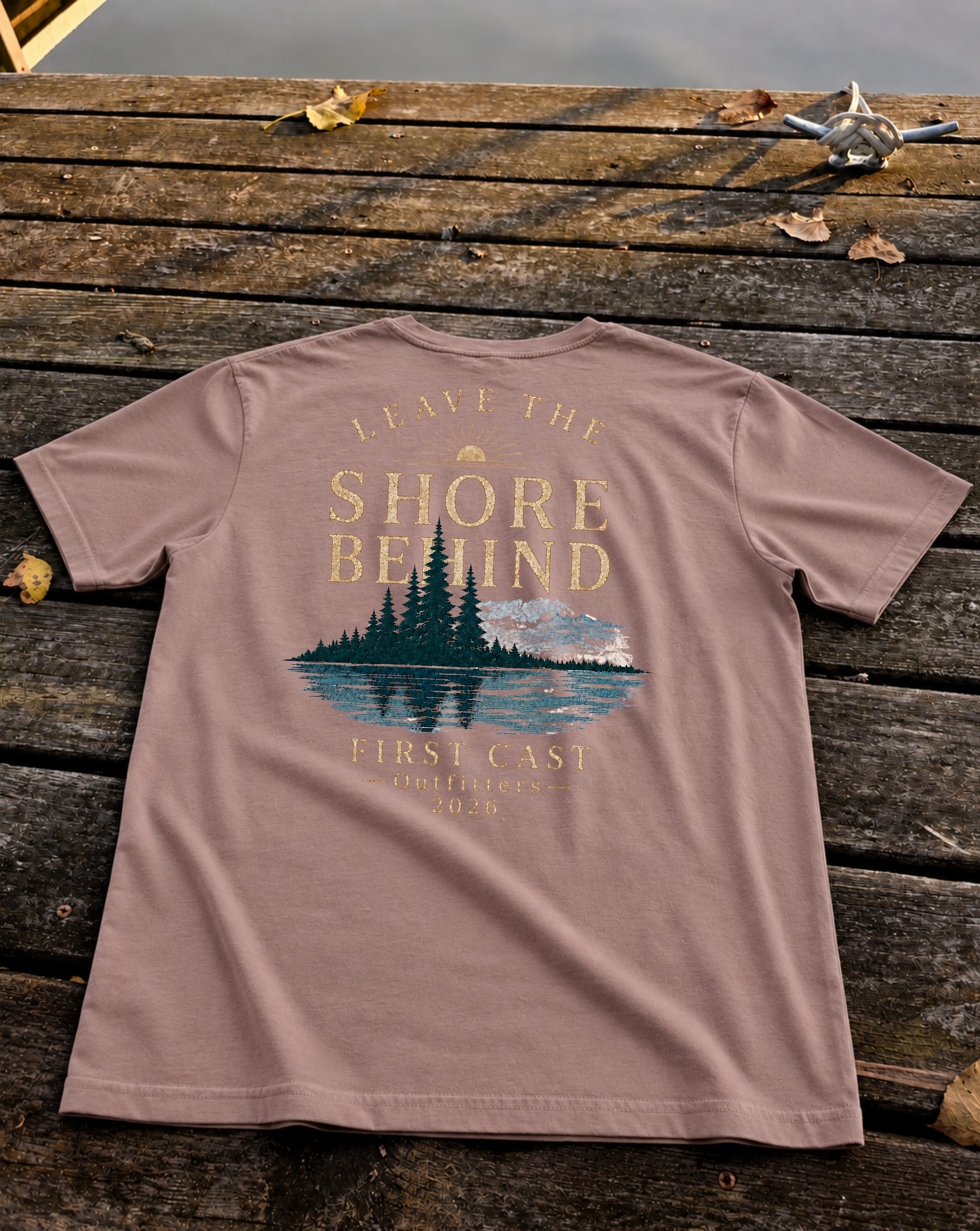 Leave the Shore Behind Tee in Kaffa Coffee, back print — lake and mountain scene, First Cast Outfitters 2026