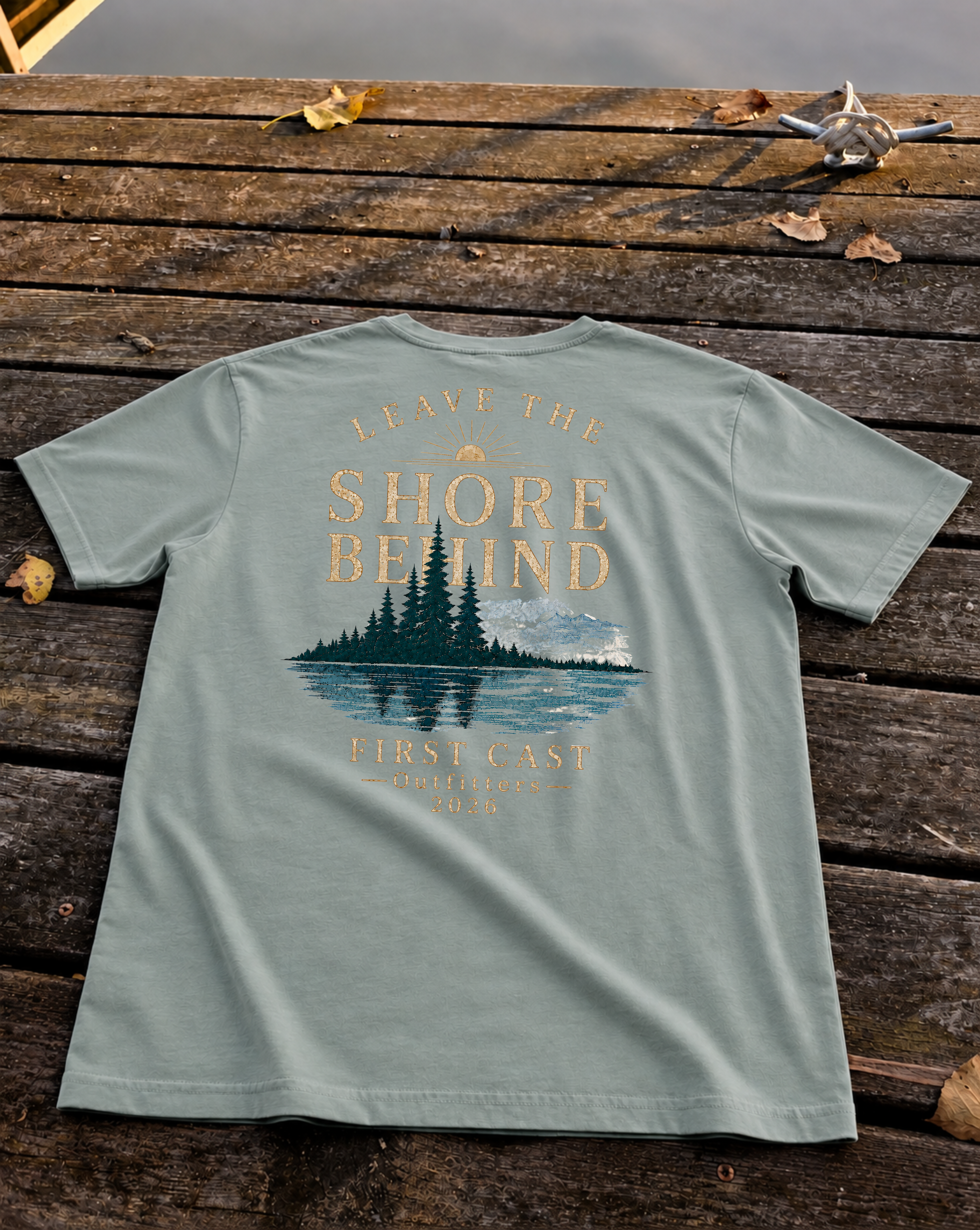 Leave the Shore Behind Tee in Misty Grey, back print — lake and mountain scene, First Cast Outfitters 2026