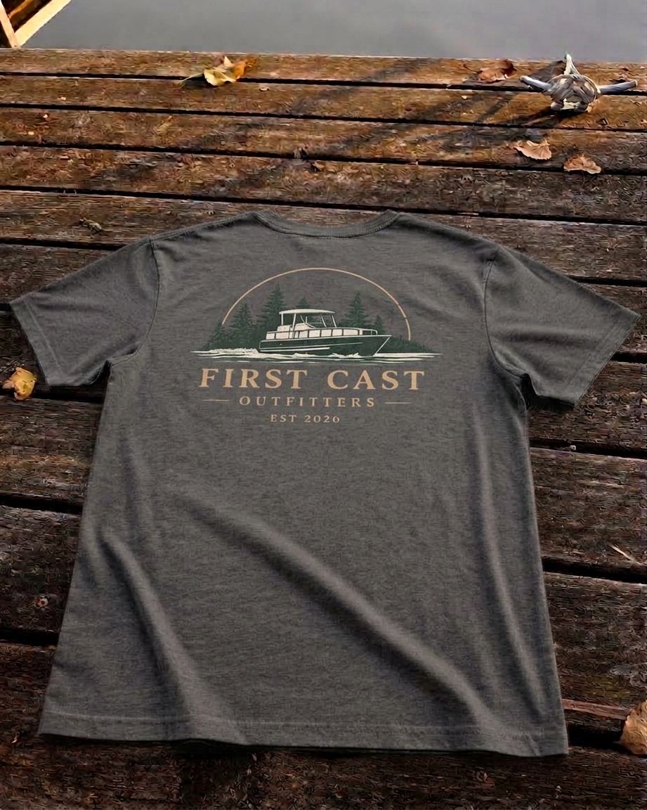 First Cast Open Water Tee in Anthracite, back print — First Cast Outfitters boat scene with EST 2026