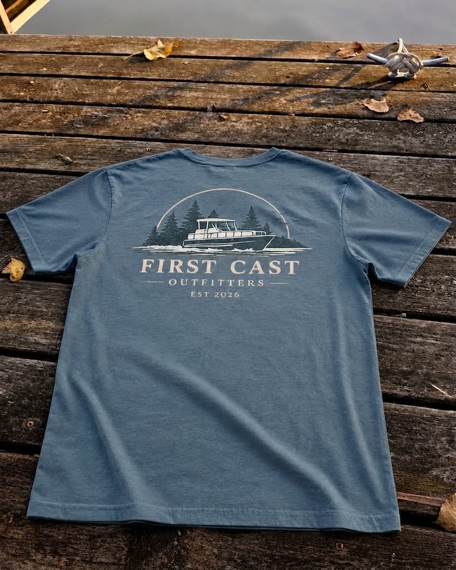 First Cast Open Water Tee in Deep Teal, back print — First Cast Outfitters boat scene with EST 2026