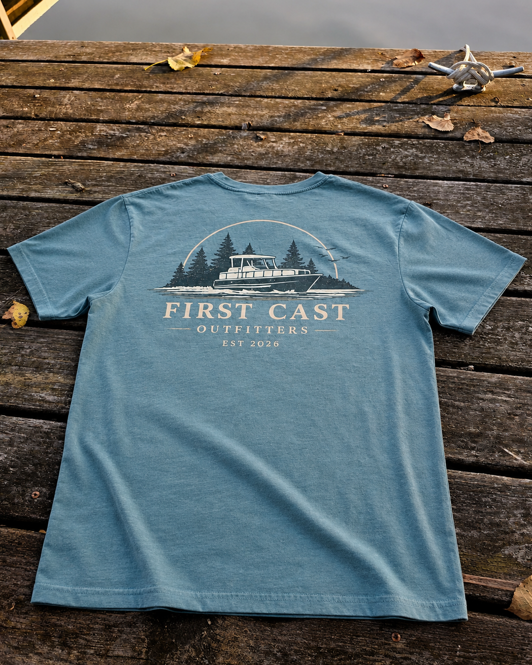 First Cast Open Water Tee in Green Bay, back print — First Cast Outfitters boat scene with EST 2026