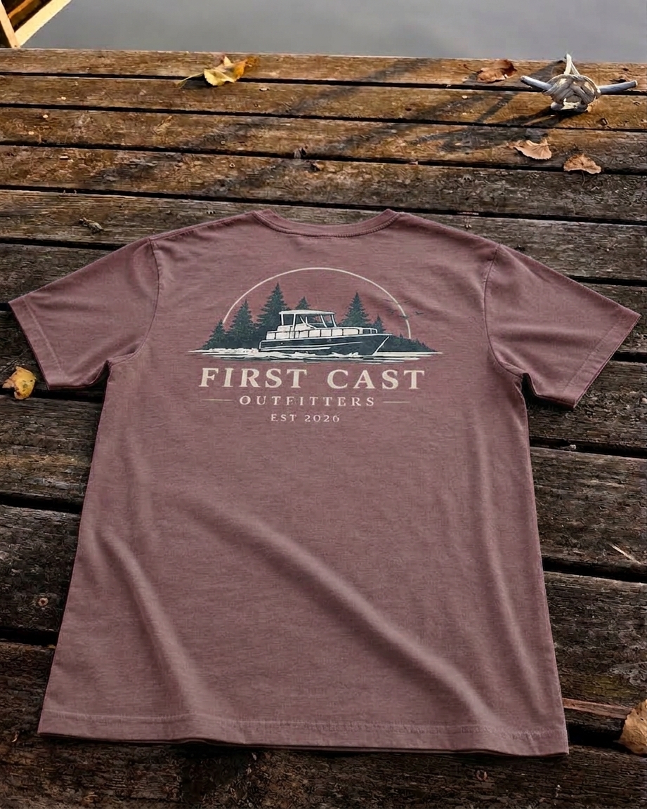 First Cast Open Water Tee in Kaffa Coffee, back print — First Cast Outfitters boat scene with EST 2026