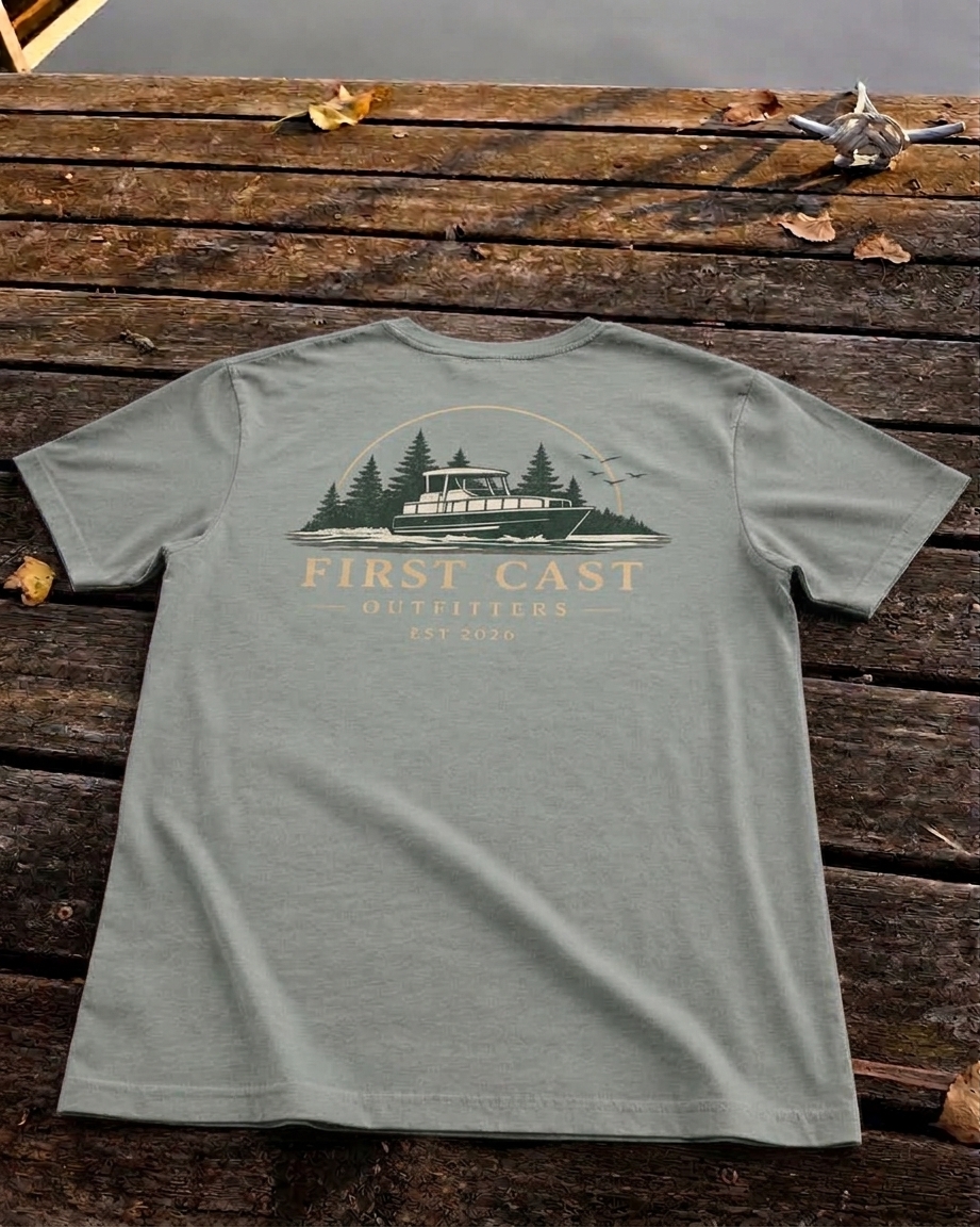 First Cast Open Water Tee in Misty Grey, back print — First Cast Outfitters boat scene with EST 2026