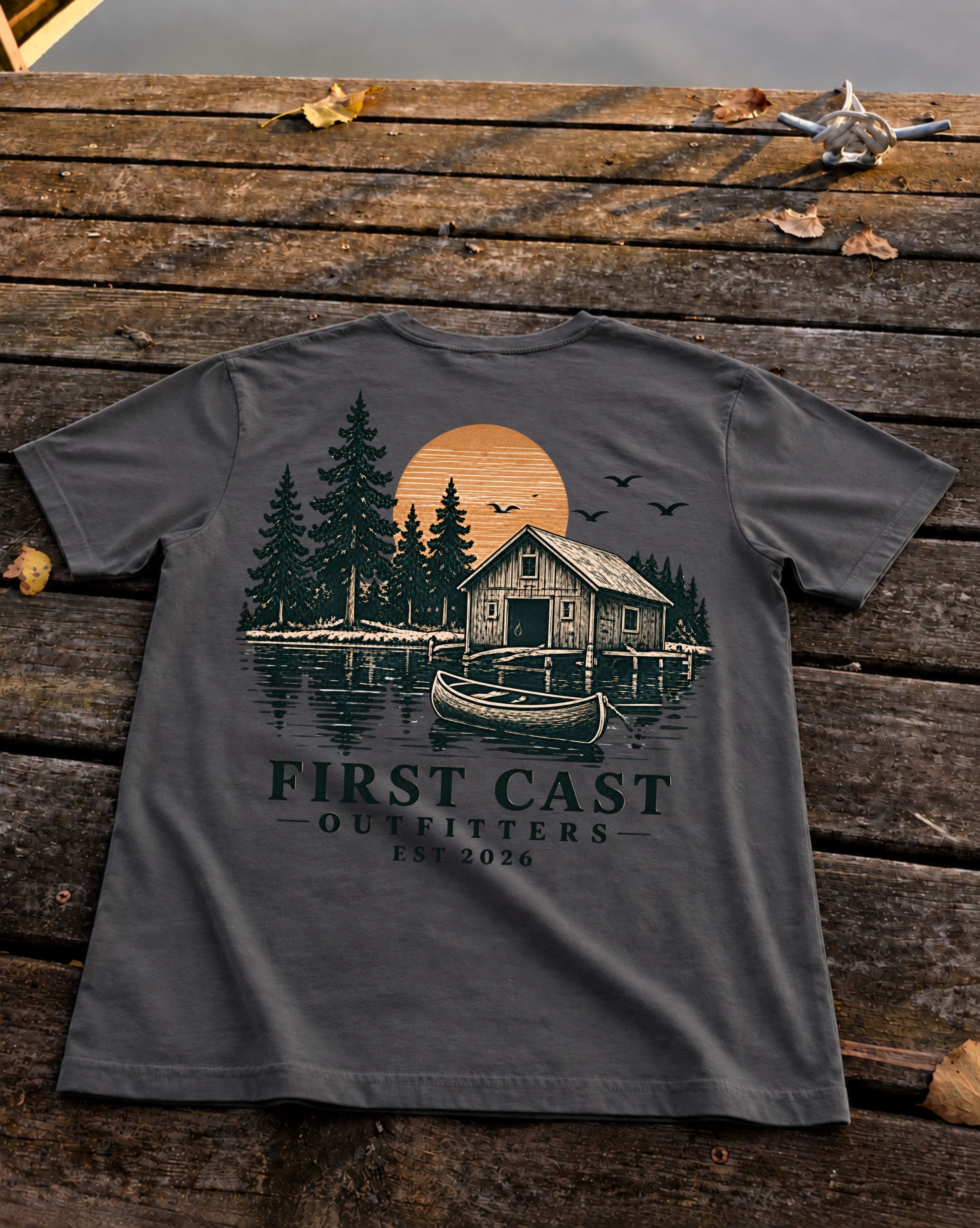 Stillwater Cabin Tee in Anthracite, back print — lakeside cabin, canoe, and sunset scene, First Cast Outfitters
