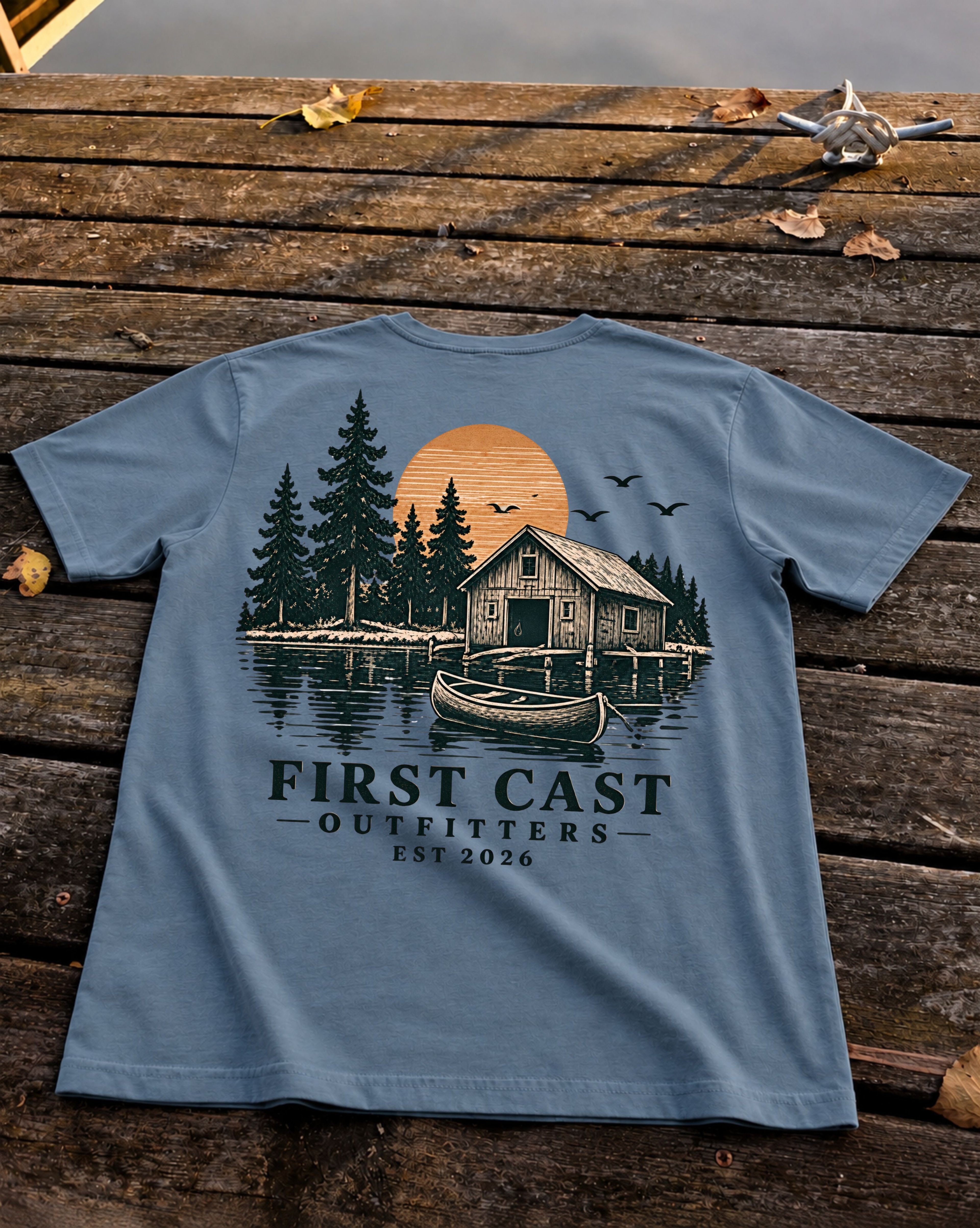 Stillwater Cabin Tee in Deep Teal, back print — lakeside cabin, canoe, and sunset scene, First Cast Outfitters