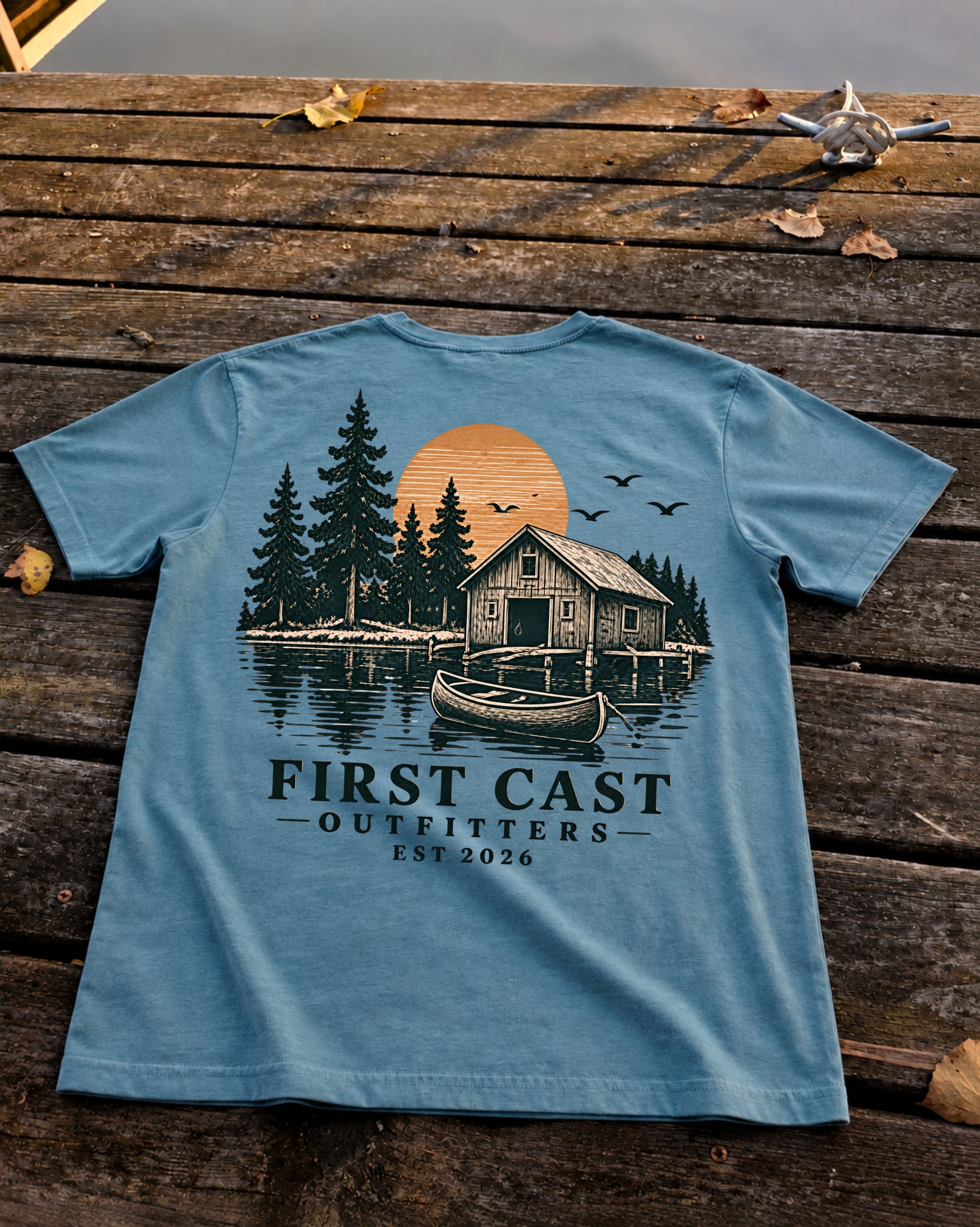 Stillwater Cabin Tee in Green Bay, back print — lakeside cabin, canoe, and sunset scene, First Cast Outfitters