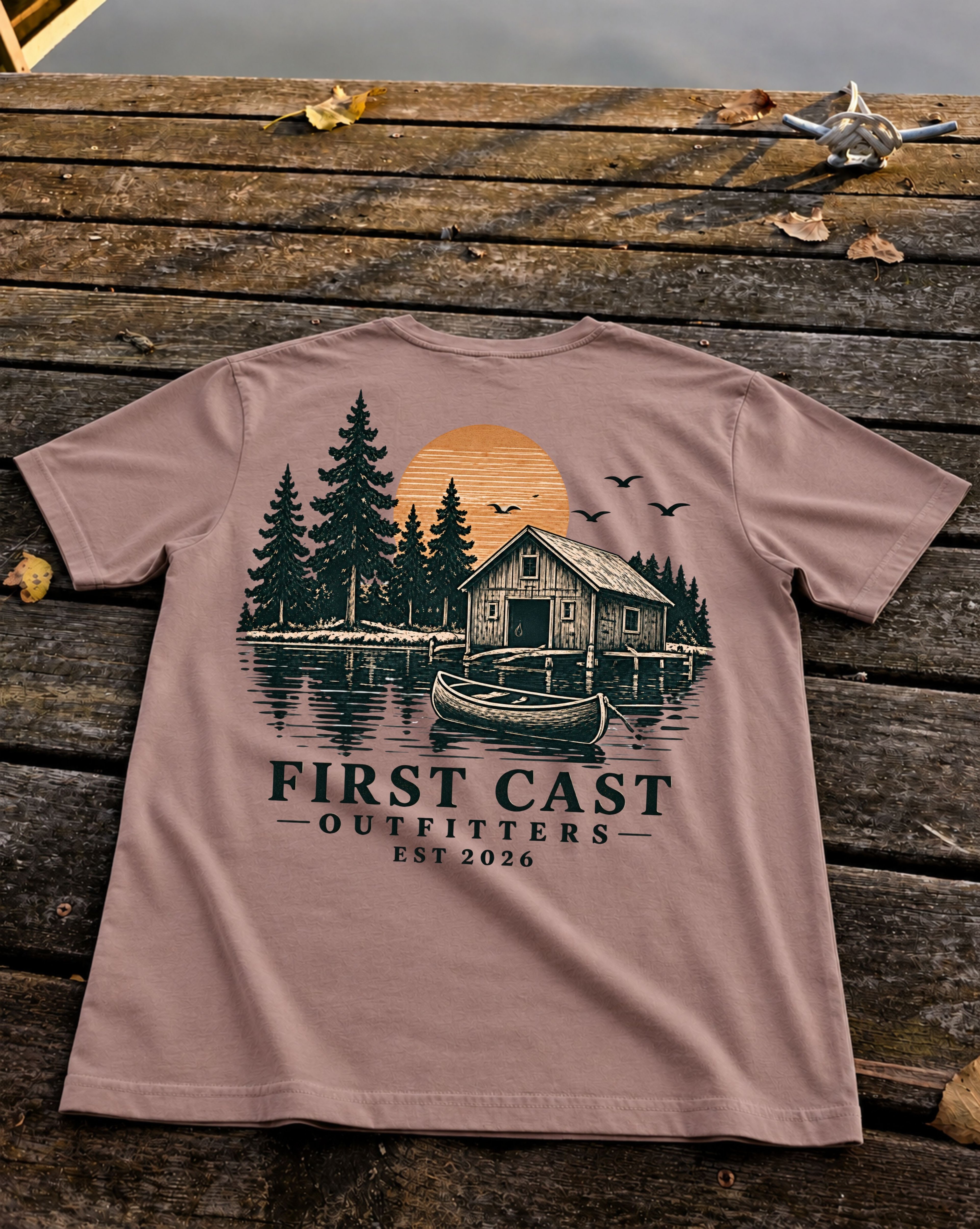 Stillwater Cabin Tee in Kaffa Coffee, back print — lakeside cabin, canoe, and sunset scene, First Cast Outfitters