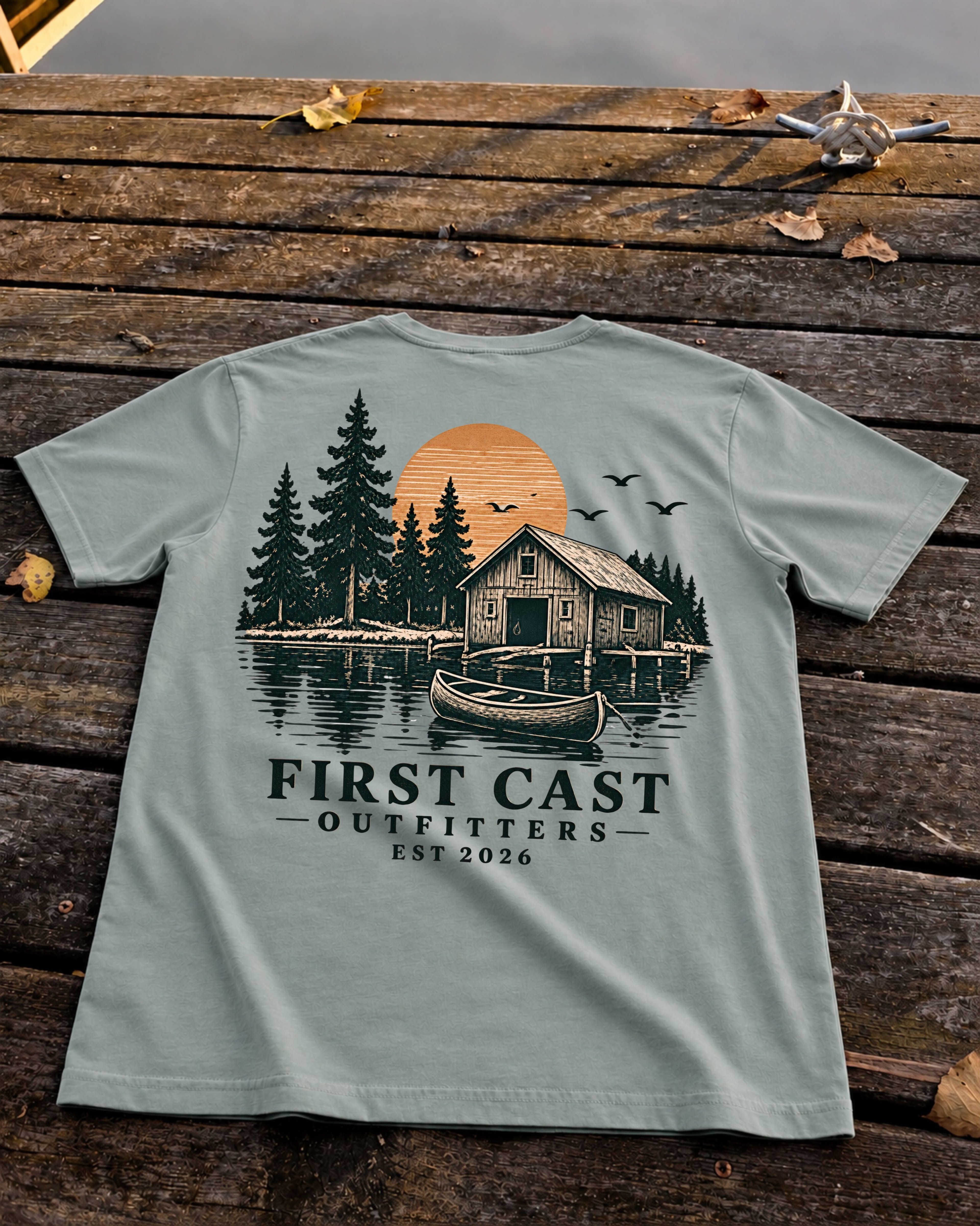 Stillwater Cabin Tee in Misty Grey, back print — lakeside cabin, canoe, and sunset scene, First Cast Outfitters